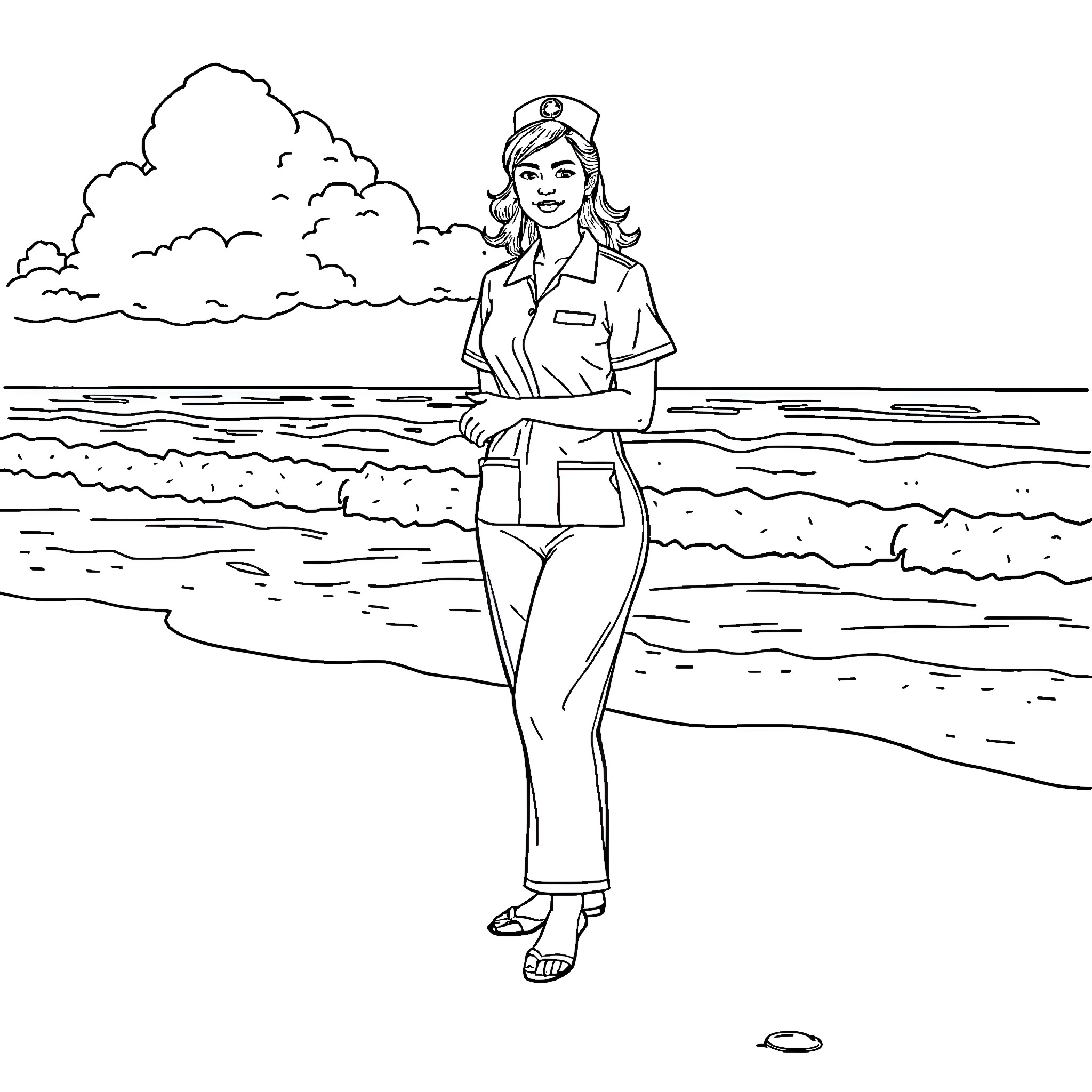 Nurse standing on the beach in uniform Coloring Page (free black-and-white line drawing printable PDF for all, from beginners to advanced learners, including children, teens, adults, and seniors)