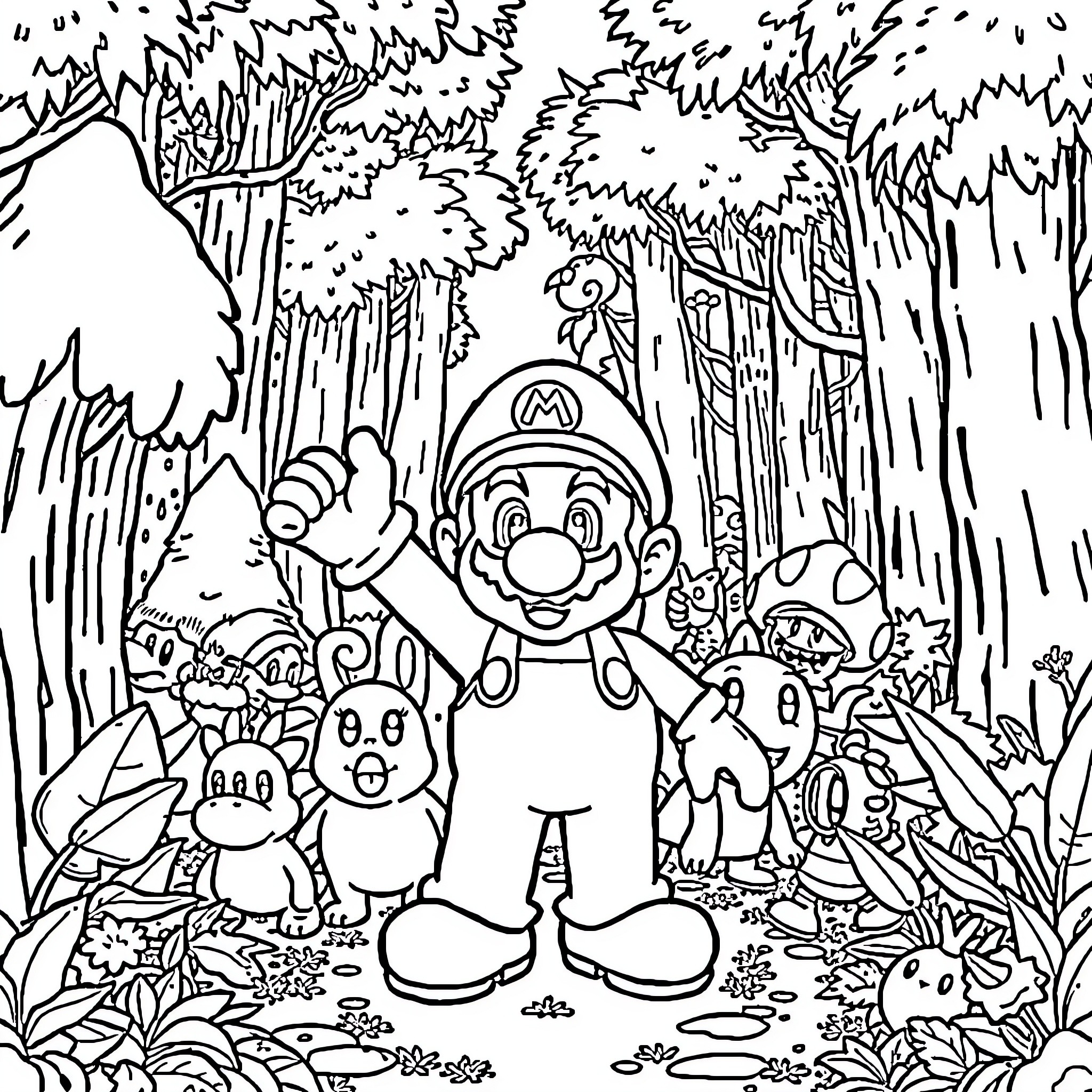 Super Mario's Woodland Adventure Coloring Page (free black-and-white line drawing printable PDF for all, from beginners to advanced learners, including children, teens, adults, and seniors)