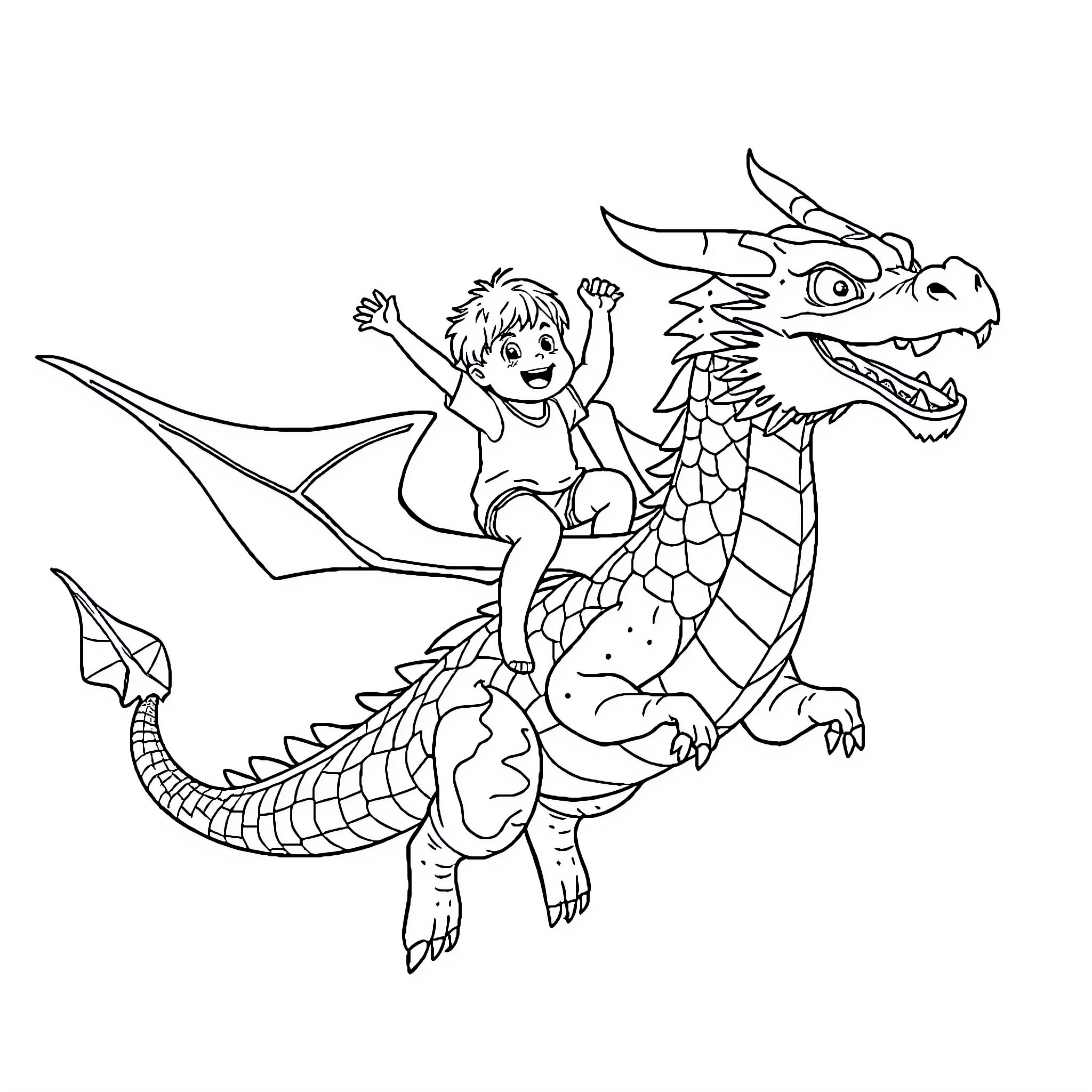 Dragon Rider Soaring Through the Skies Coloring Page (free black-and-white line drawing printable PDF for all, from beginners to advanced learners, including children, teens, adults, and seniors)