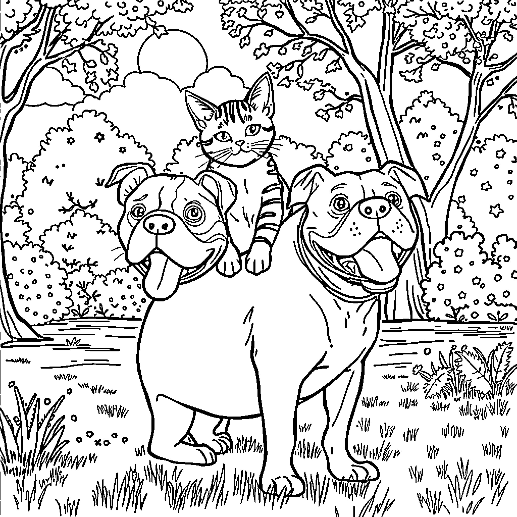 Cat and two dogs exploring the forest Coloring Page (free black-and-white line drawing printable PDF for all, from beginners to advanced learners, including children, teens, adults, and seniors)