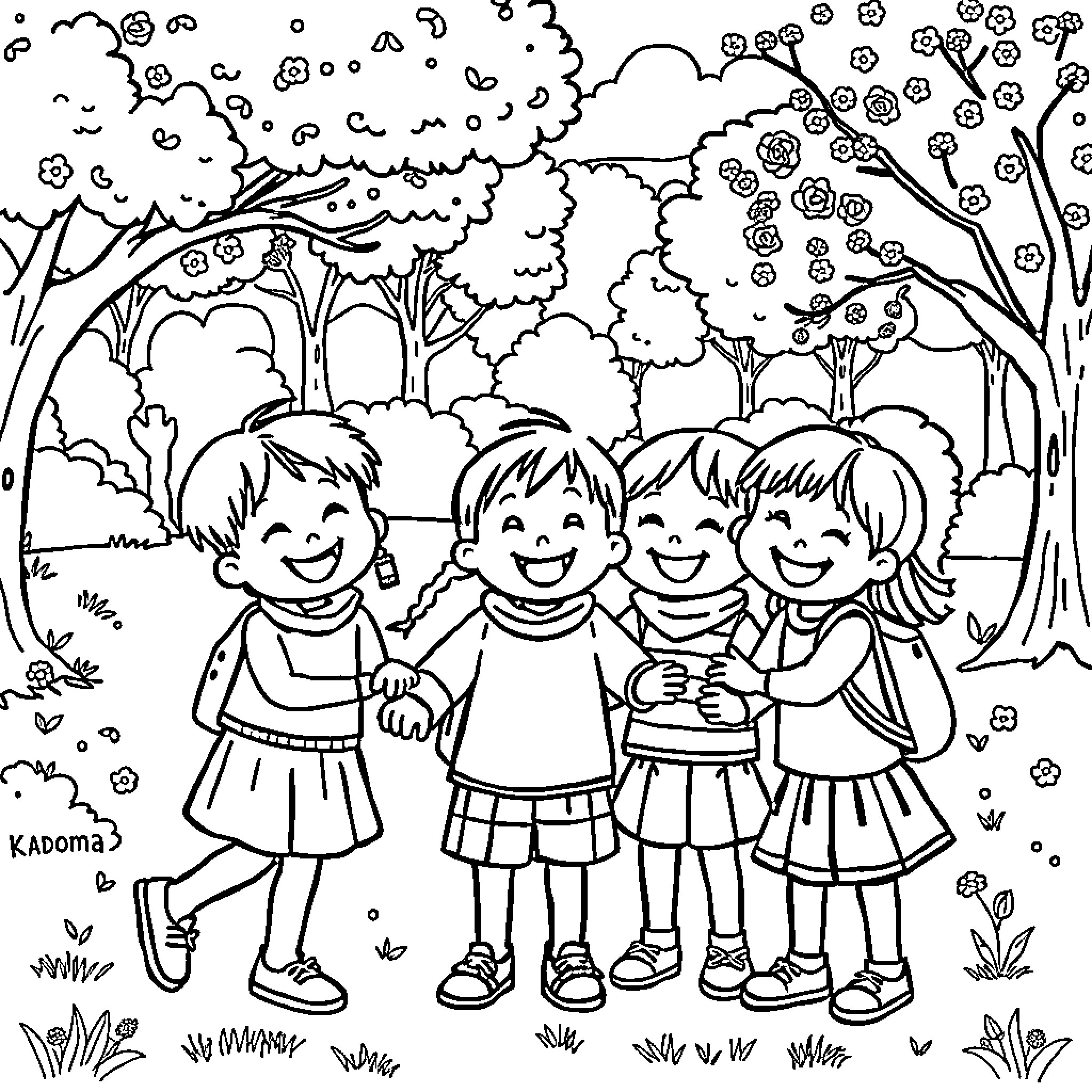 Kodomo Friends Enjoying Nature's Wonders Coloring Page (free black-and-white line drawing printable PDF for all, from beginners to advanced learners, including children, teens, adults, and seniors)