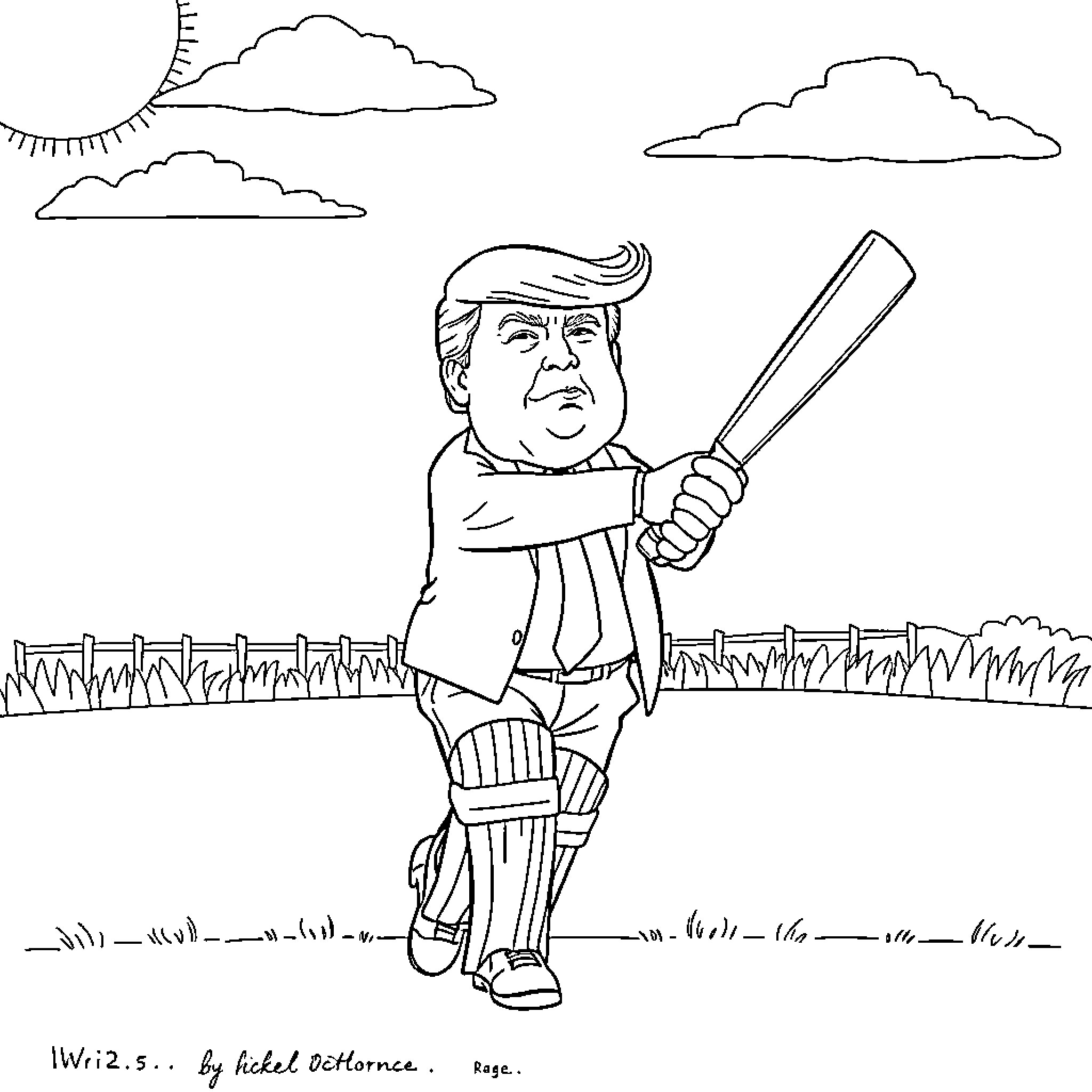Trump playing with a baseball bat in an outdoor scene Coloring Page (free black-and-white line drawing printable PDF for all, from beginners to advanced learners, including children, teens, adults, and seniors)
