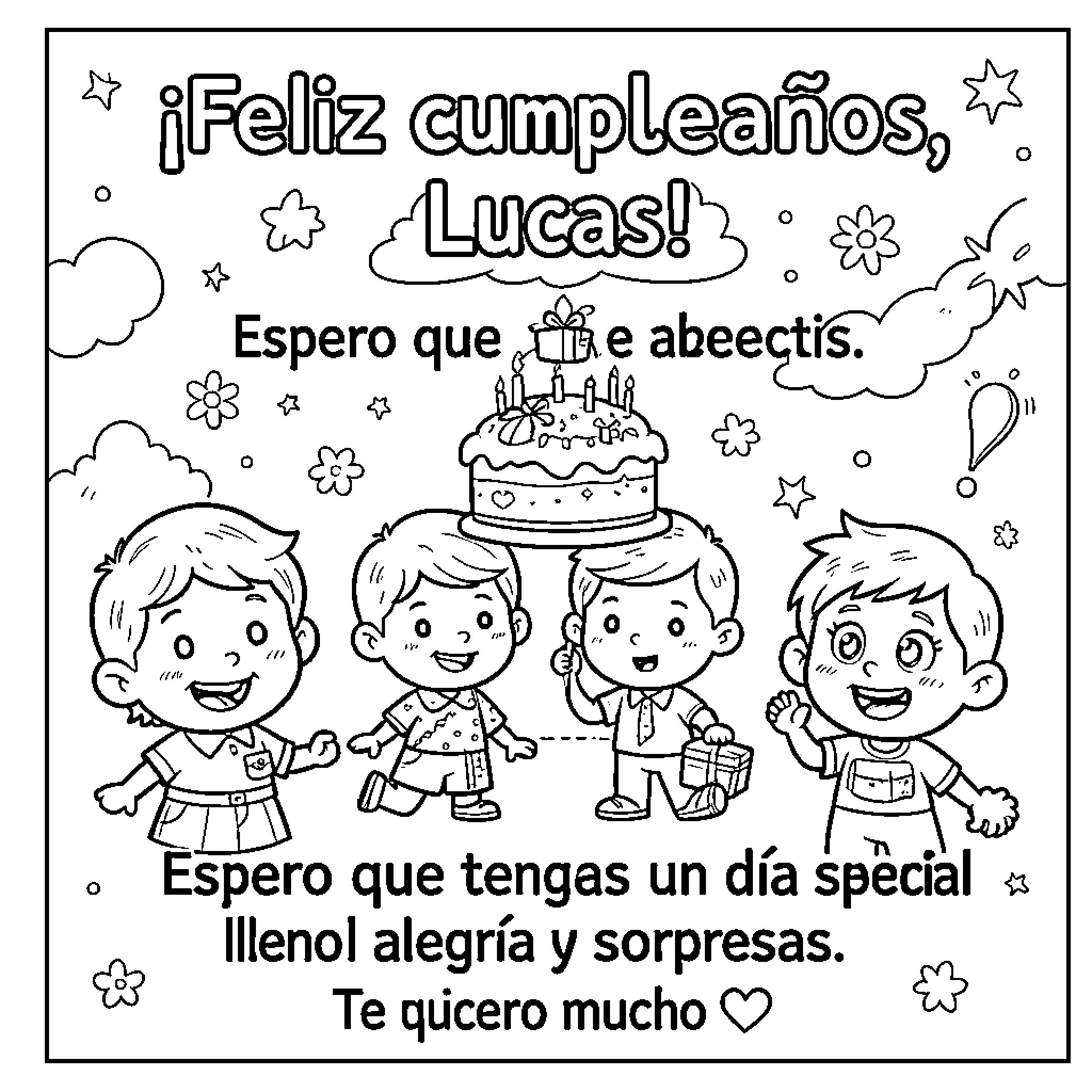 Birthday celebration with friends and a cake Coloring Page (free black-and-white line drawing printable PDF for all, from beginners to advanced learners, including children, teens, adults, and seniors)
