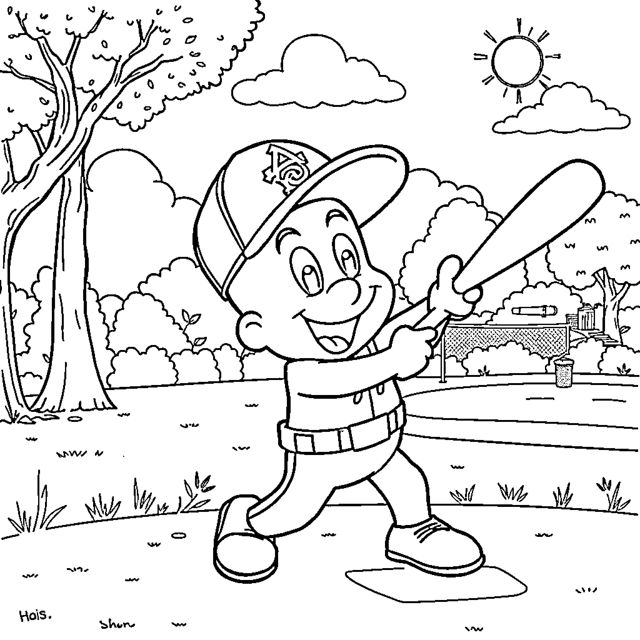 Patrick enjoys baseball outdoors on a sunny day Coloring Page (free black-and-white line drawing printable PDF for all, from beginners to advanced learners, including children, teens, adults, and seniors)