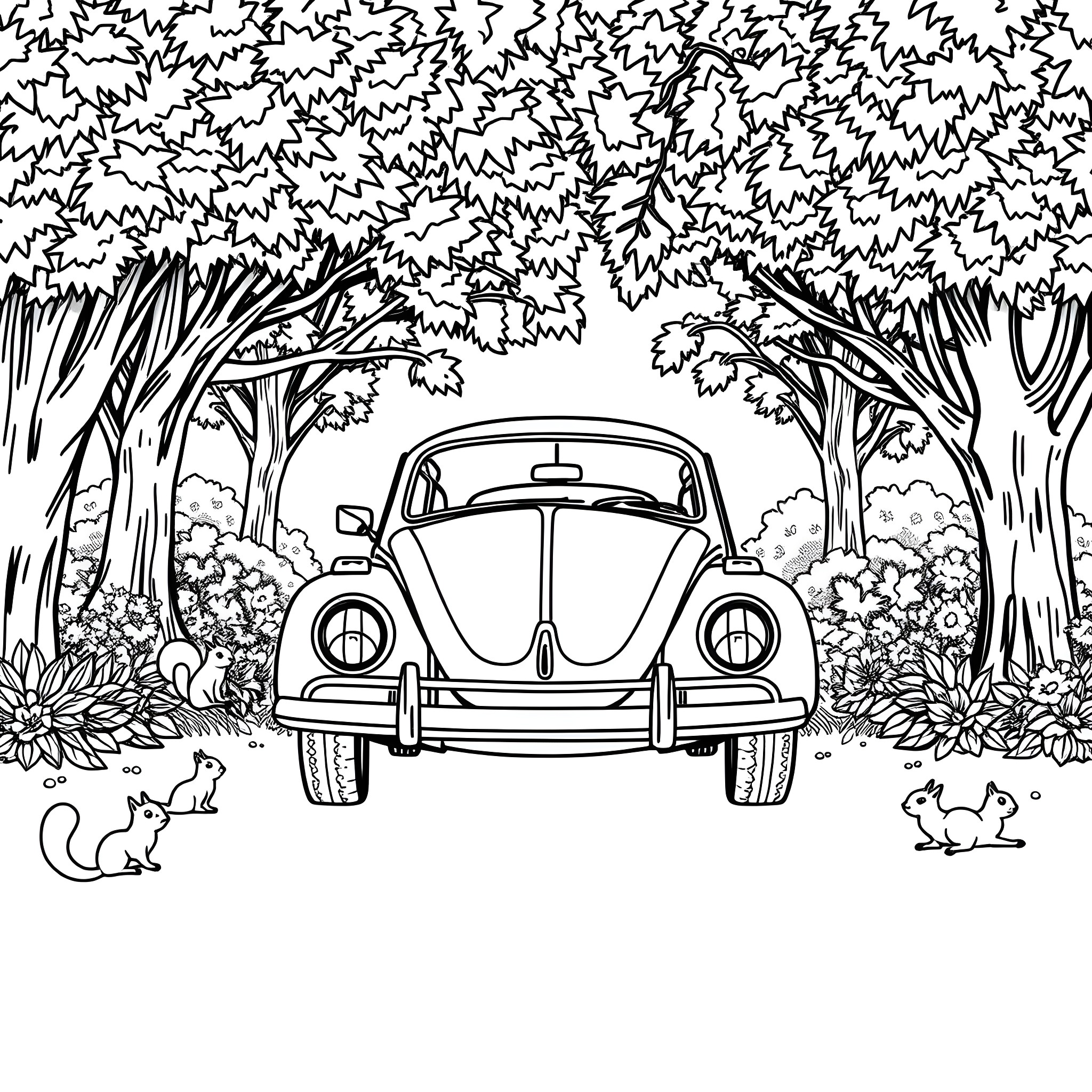 Beetle Car in the Forest Coloring Page (free black-and-white line drawing printable PDF for all, from beginners to advanced learners, including children, teens, adults, and seniors)