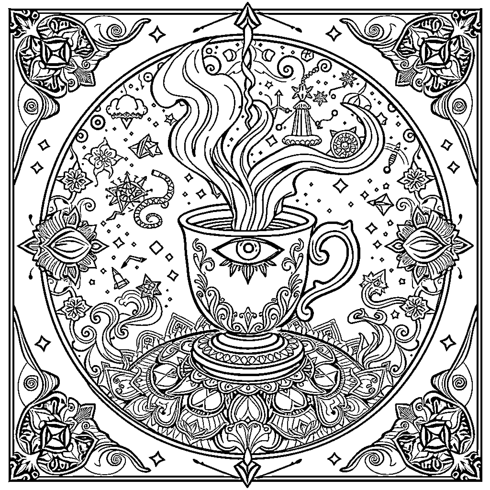 Coffee Cup with Mystical and Ornate Design Coloring Page (free black-and-white line drawing printable PDF for all, from beginners to advanced learners, including children, teens, adults, and seniors)