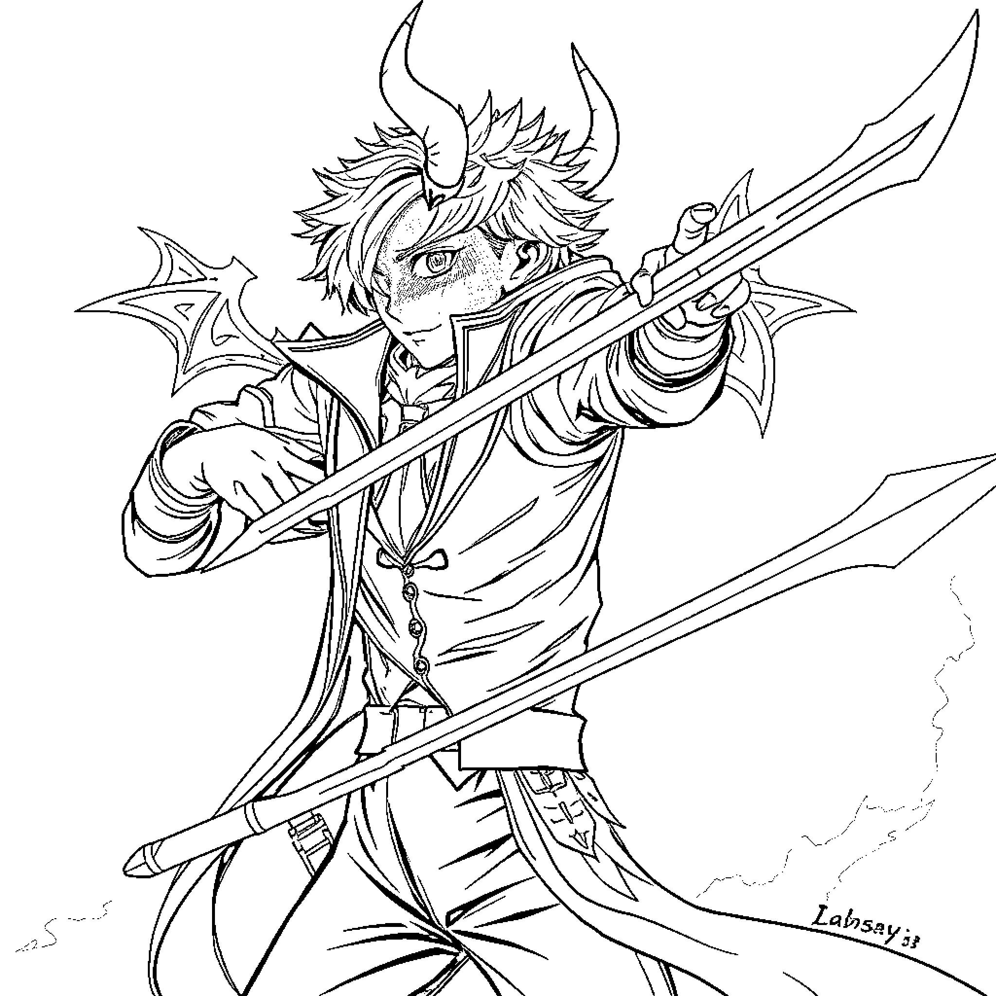 Kpop Demon Hunter Wielding Fierce Blades in Action Coloring Page (free black-and-white line drawing printable PDF for all, from beginners to advanced learners, including children, teens, adults, and seniors)