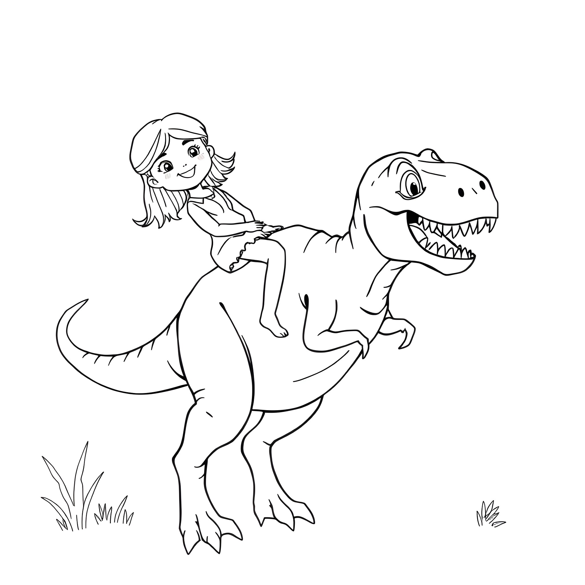 Girl riding a dinosaur in the park Coloring Page (free black-and-white line drawing printable PDF for all, from beginners to advanced learners, including children, teens, adults, and seniors)