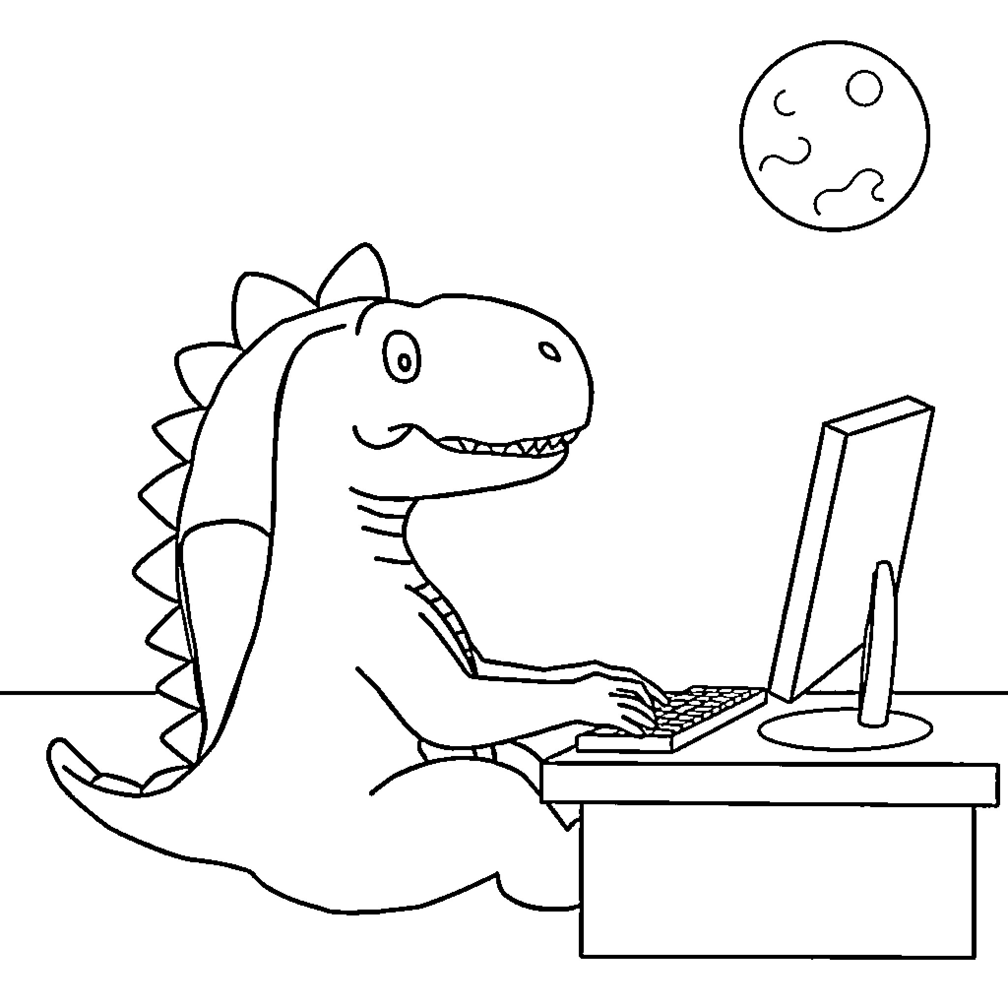 Dinosaur using computer in office Coloring Page (free black-and-white line drawing printable PDF for all, from beginners to advanced learners, including children, teens, adults, and seniors)