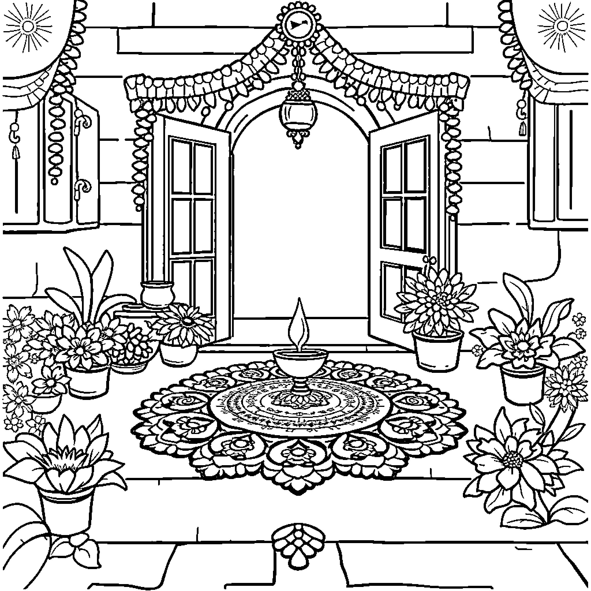 Rangoli decorative entrance with floral arrangements Coloring Page (free black-and-white line drawing printable PDF for all, from beginners to advanced learners, including children, teens, adults, and seniors)