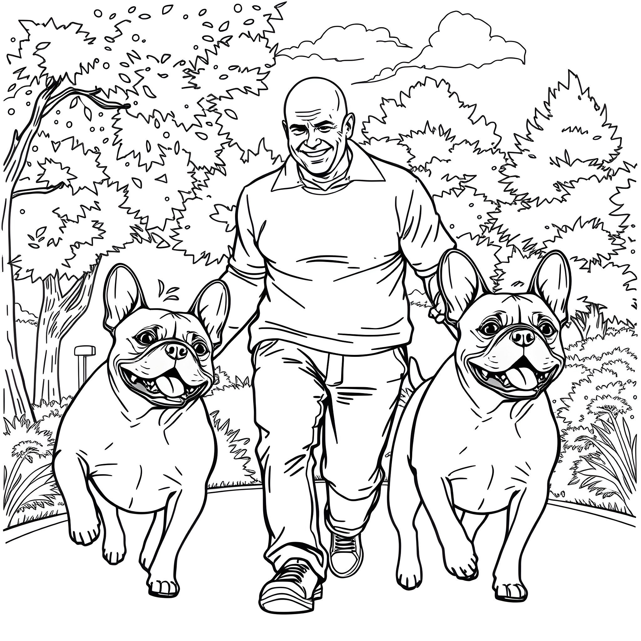 Man walking with two happy dogs in the park Coloring Page (free black-and-white line drawing printable PDF for all, from beginners to advanced learners, including children, teens, adults, and seniors)