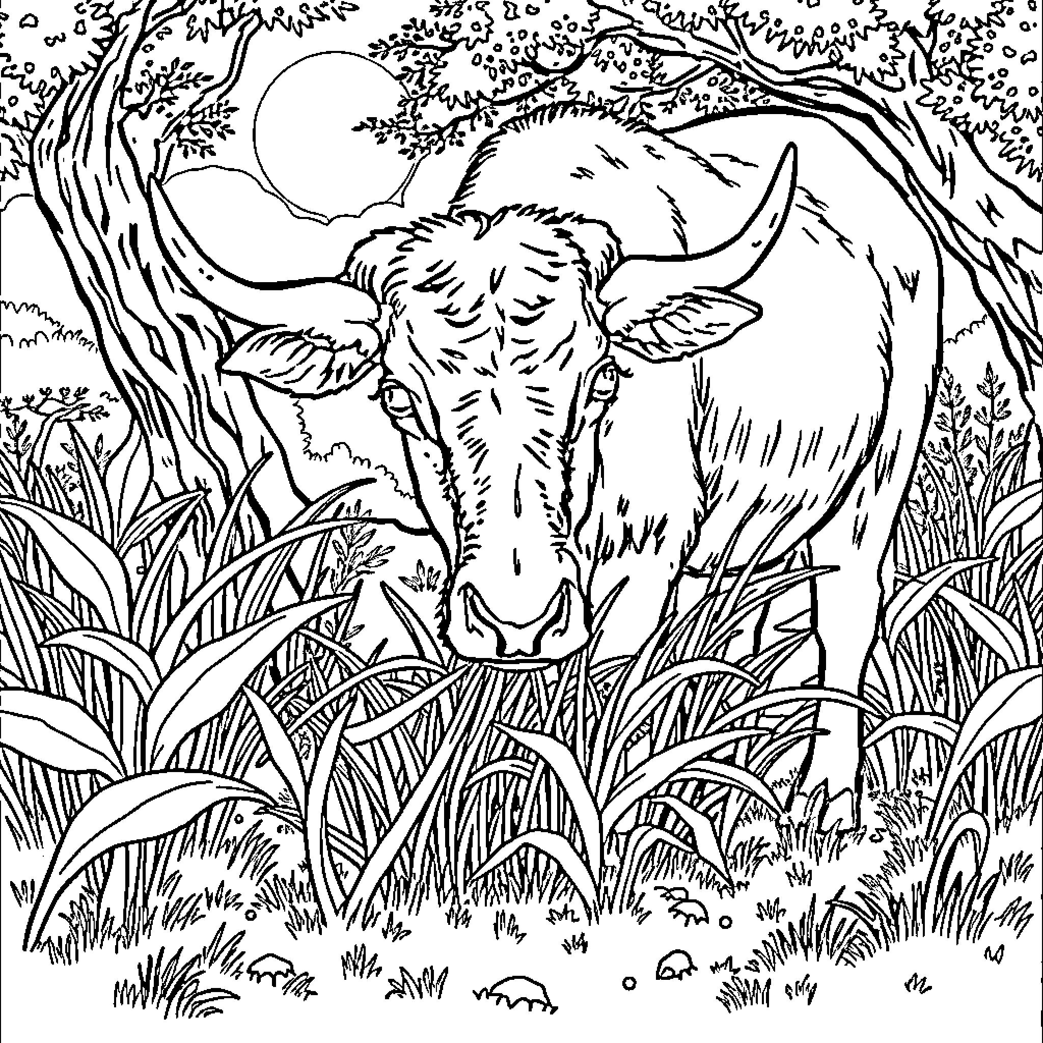 Vaca resting peacefully in lush forest Coloring Page (free black-and-white line drawing printable PDF for all, from beginners to advanced learners, including children, teens, adults, and seniors)