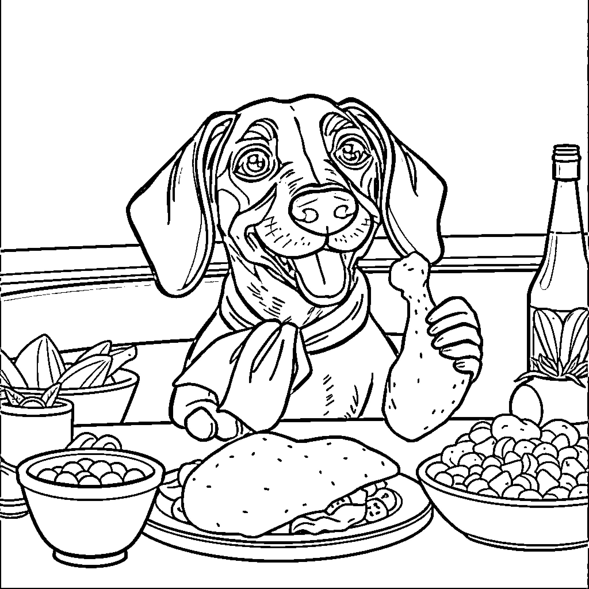 Dachshund enjoying a festive meal Coloring Page (free black-and-white line drawing printable PDF for all, from beginners to advanced learners, including children, teens, adults, and seniors)