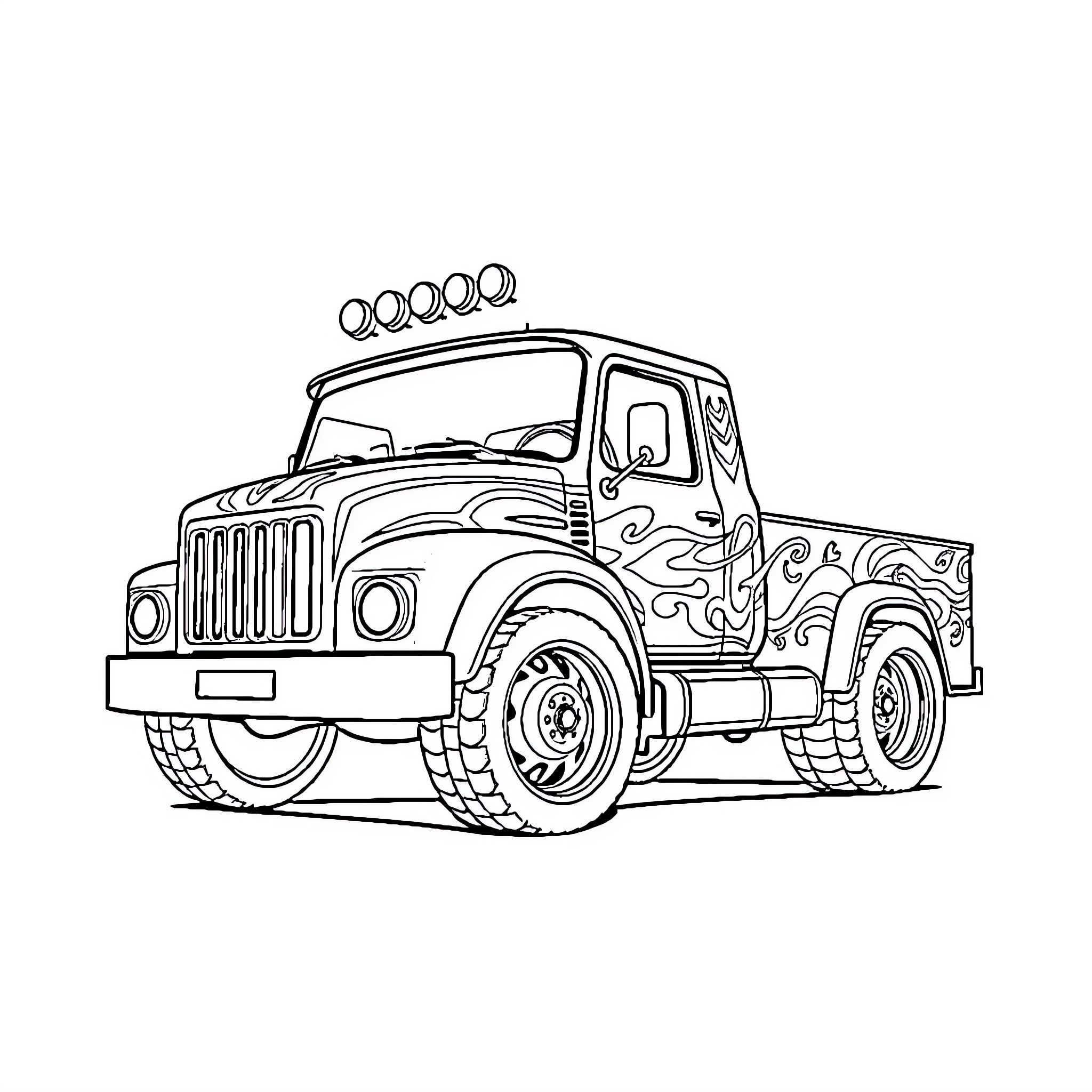 Sema Truck with Rugged Customization Coloring Page (free black-and-white line drawing printable PDF for all, from beginners to advanced learners, including children, teens, adults, and seniors)