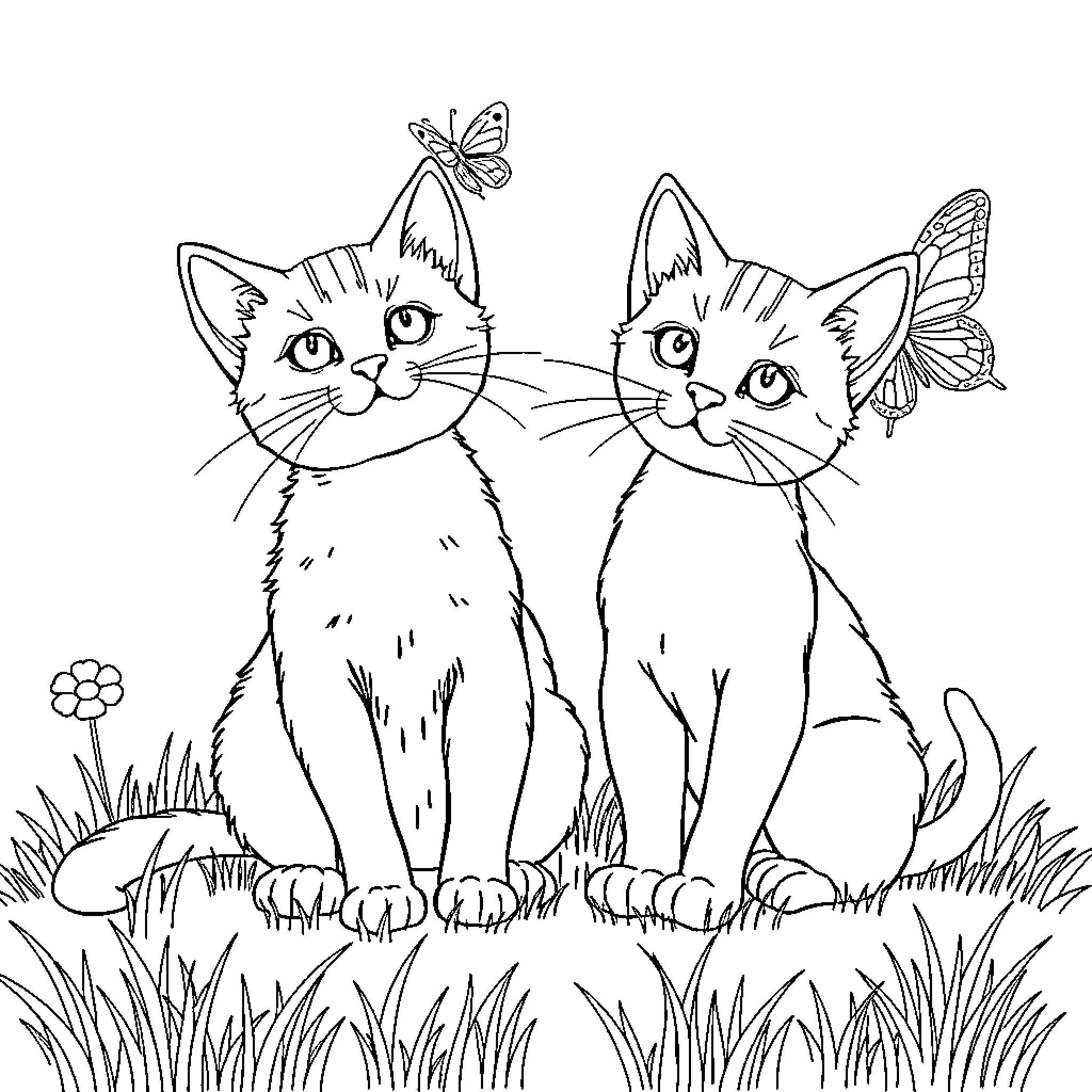Cat friends with butterflies in the meadow Coloring Page (free black-and-white line drawing printable PDF for all, from beginners to advanced learners, including children, teens, adults, and seniors)