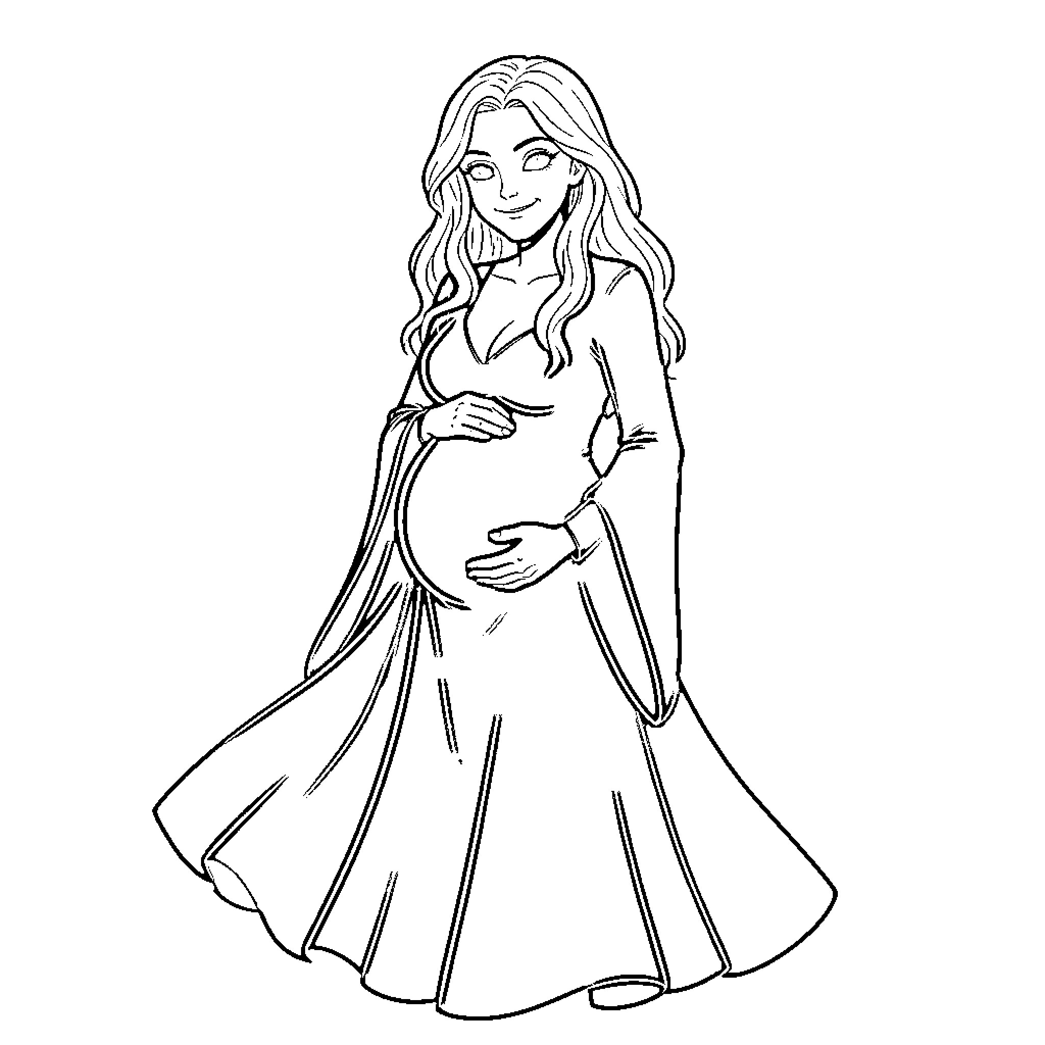 Vampire woman in elegant maternity dress Coloring Page (free black-and-white line drawing printable PDF for all, from beginners to advanced learners, including children, teens, adults, and seniors)