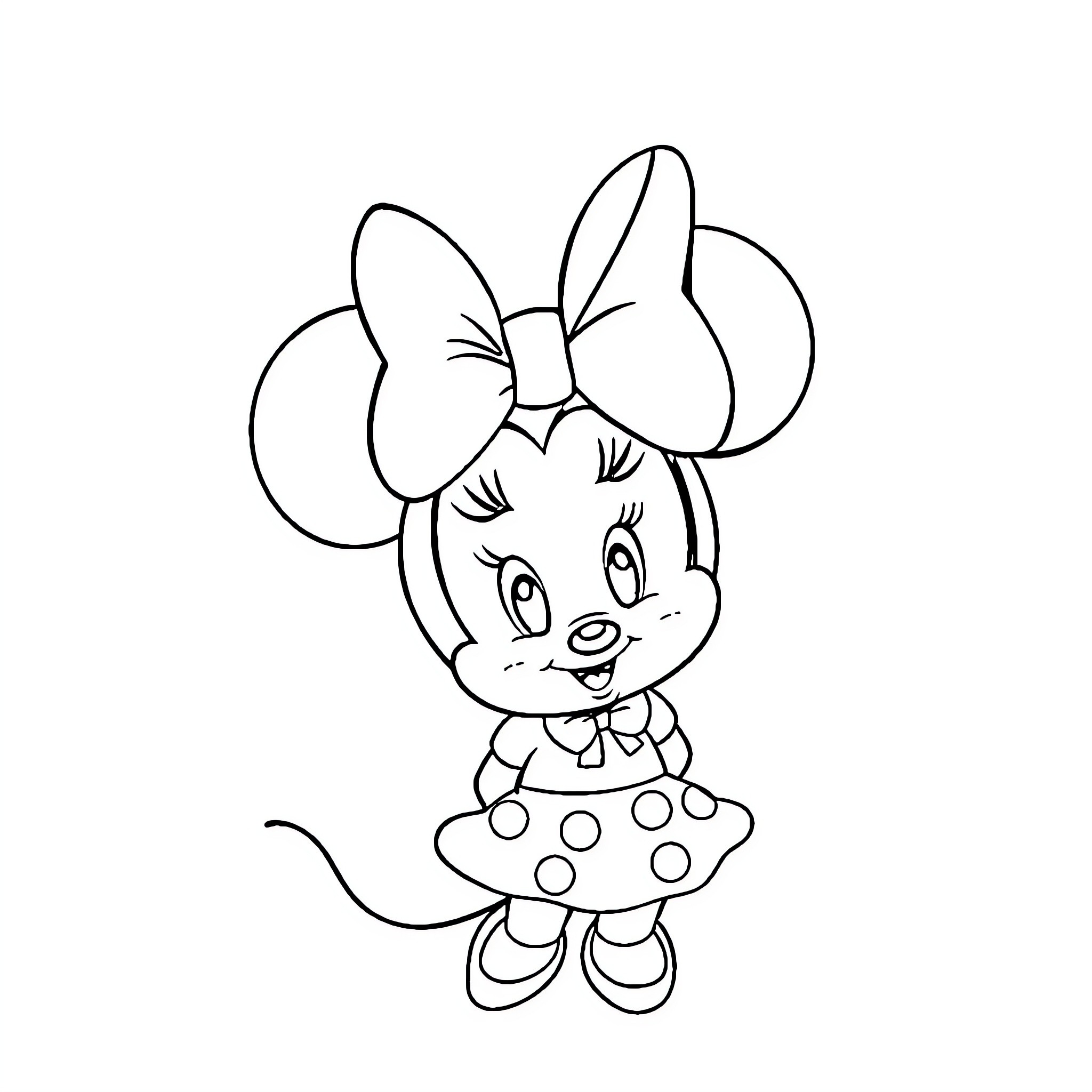 Minnie Mouse in a Whimsical Pose Coloring Page (free black-and-white line drawing printable PDF for all, from beginners to advanced learners, including children, teens, adults, and seniors)