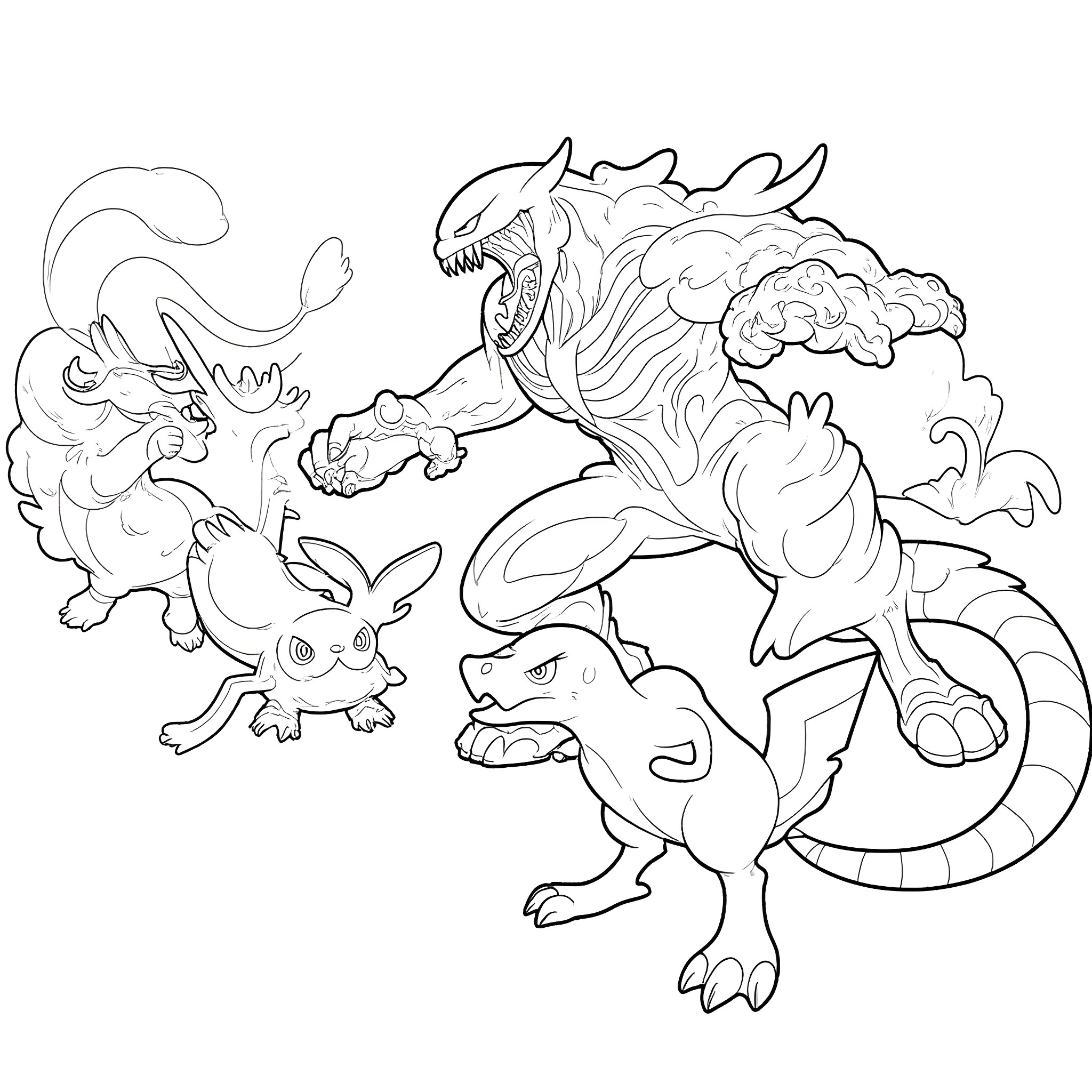 Venom-inspired creatures battling fiercely Coloring Page (free black-and-white line drawing printable PDF for all, from beginners to advanced learners, including children, teens, adults, and seniors)