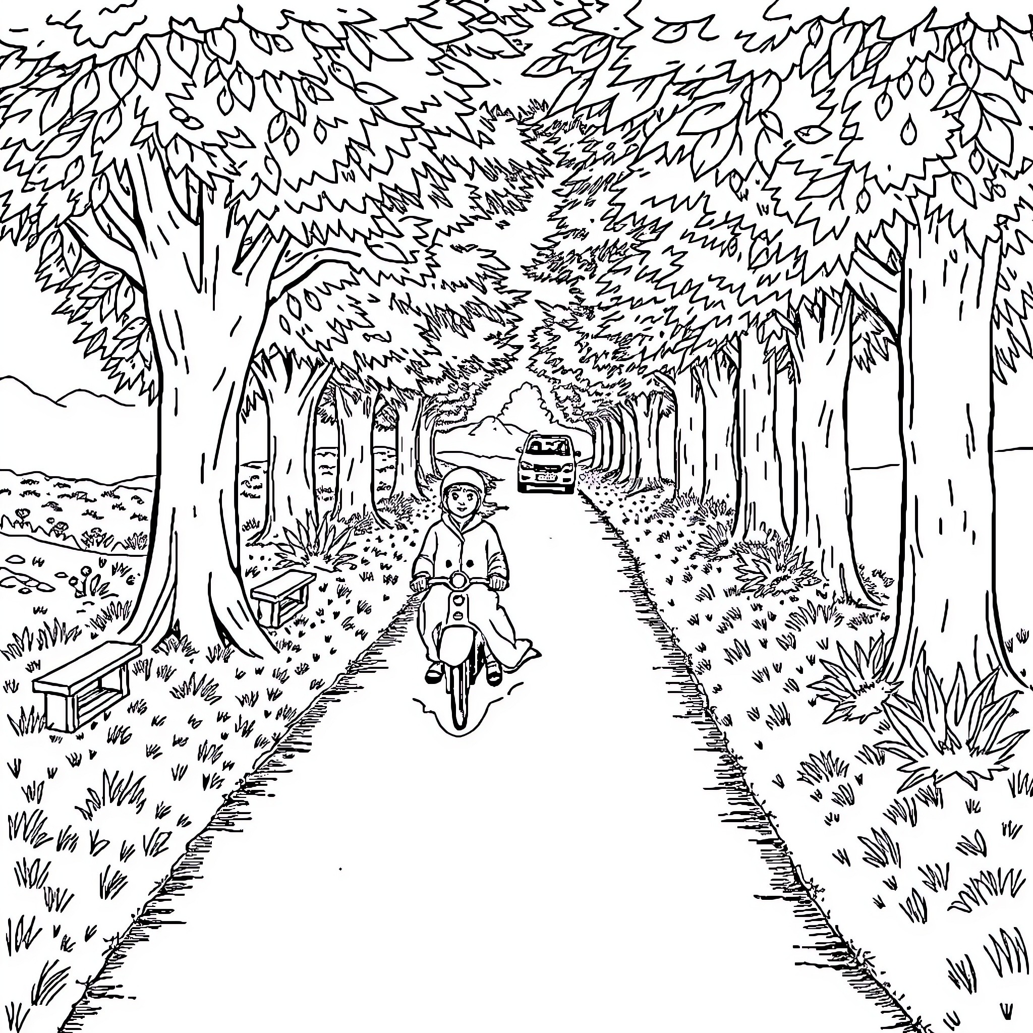 Fraise's Peaceful Ride Down the Leafy Path Coloring Page (free black-and-white line drawing printable PDF for all, from beginners to advanced learners, including children, teens, adults, and seniors)