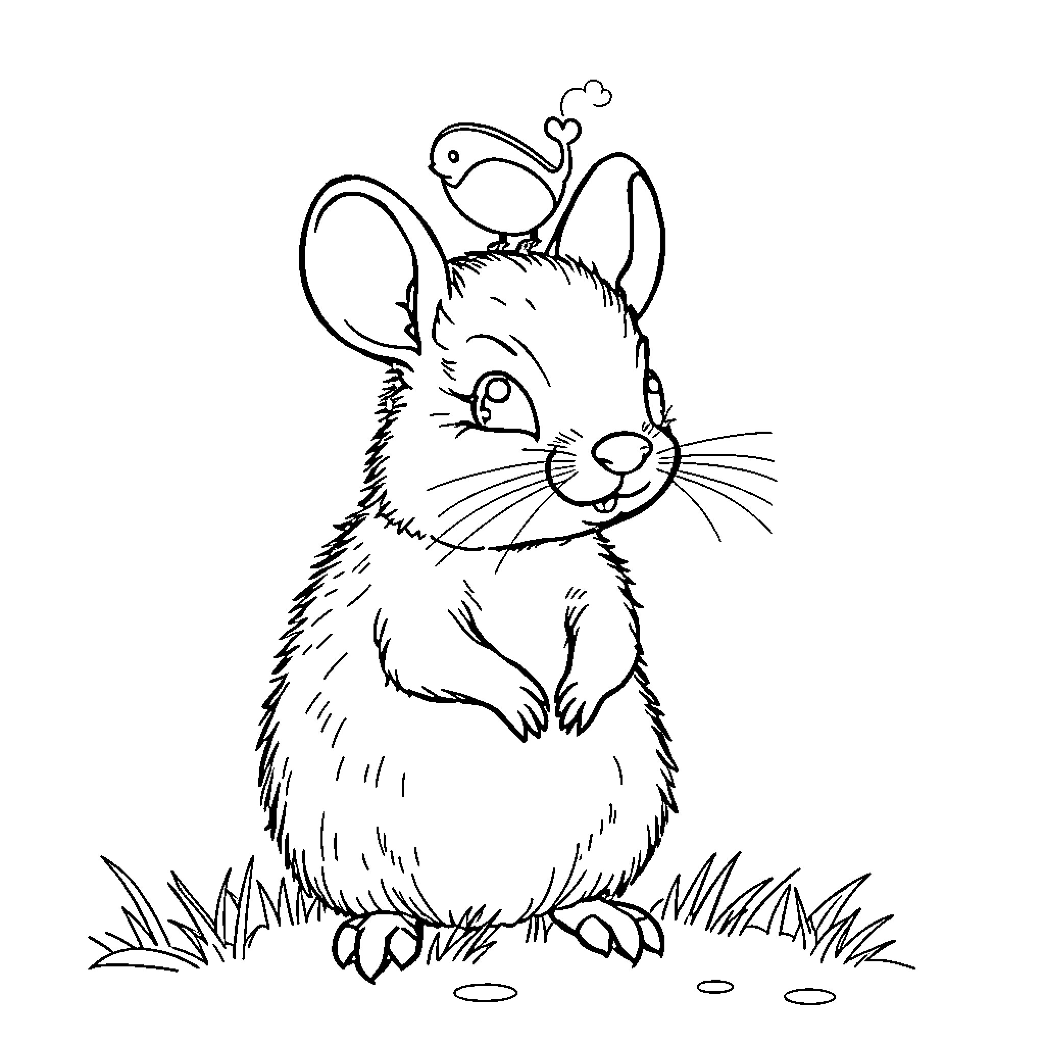 Mouse with cute bird on head in grassy field Coloring Page (free black-and-white line drawing printable PDF for all, from beginners to advanced learners, including children, teens, adults, and seniors)