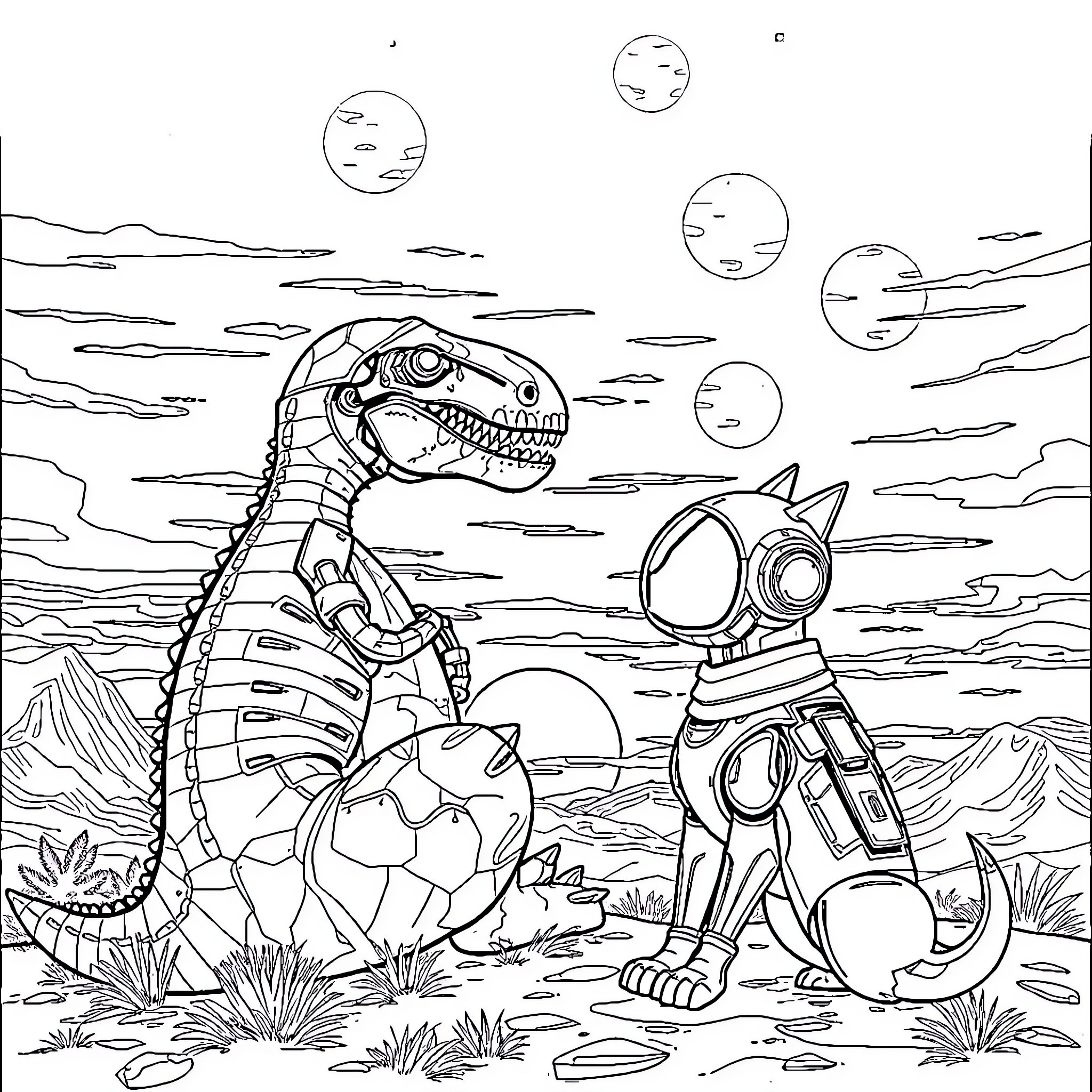Cyborg Creatures Exploring Alien Landscape Coloring Page (free black-and-white line drawing printable PDF for all, from beginners to advanced learners, including children, teens, adults, and seniors)