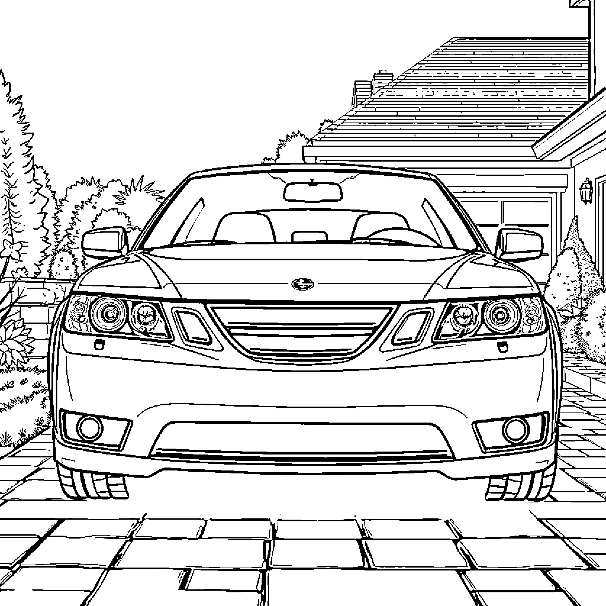 Saab 9-4x parked in front of a house Coloring Page (free black-and-white line drawing printable PDF for all, from beginners to advanced learners, including children, teens, adults, and seniors)