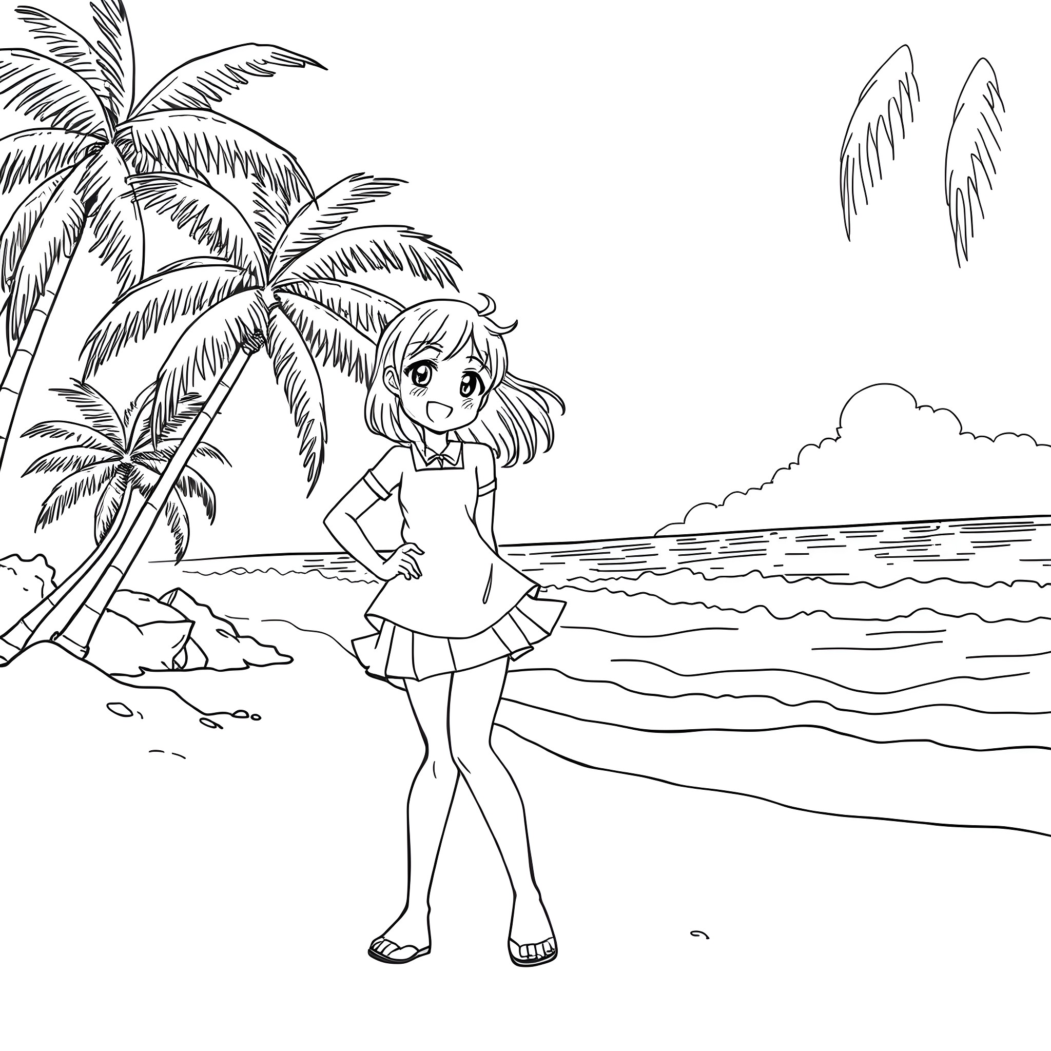 Anime Girl enjoying the tropical beach scenery Coloring Page (free black-and-white line drawing printable PDF for all, from beginners to advanced learners, including children, teens, adults, and seniors)