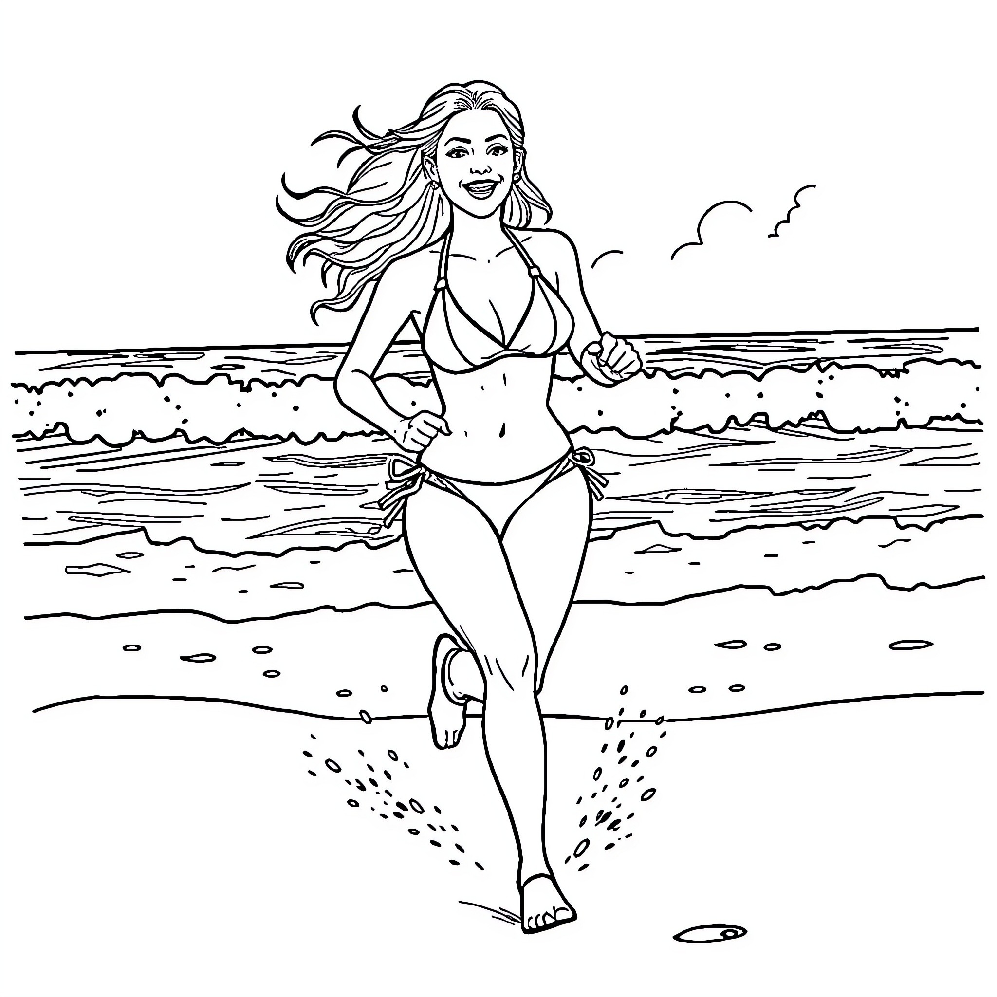 Sydney Sweeney enjoying carefree beach day Coloring Page (free black-and-white line drawing printable PDF for all, from beginners to advanced learners, including children, teens, adults, and seniors)