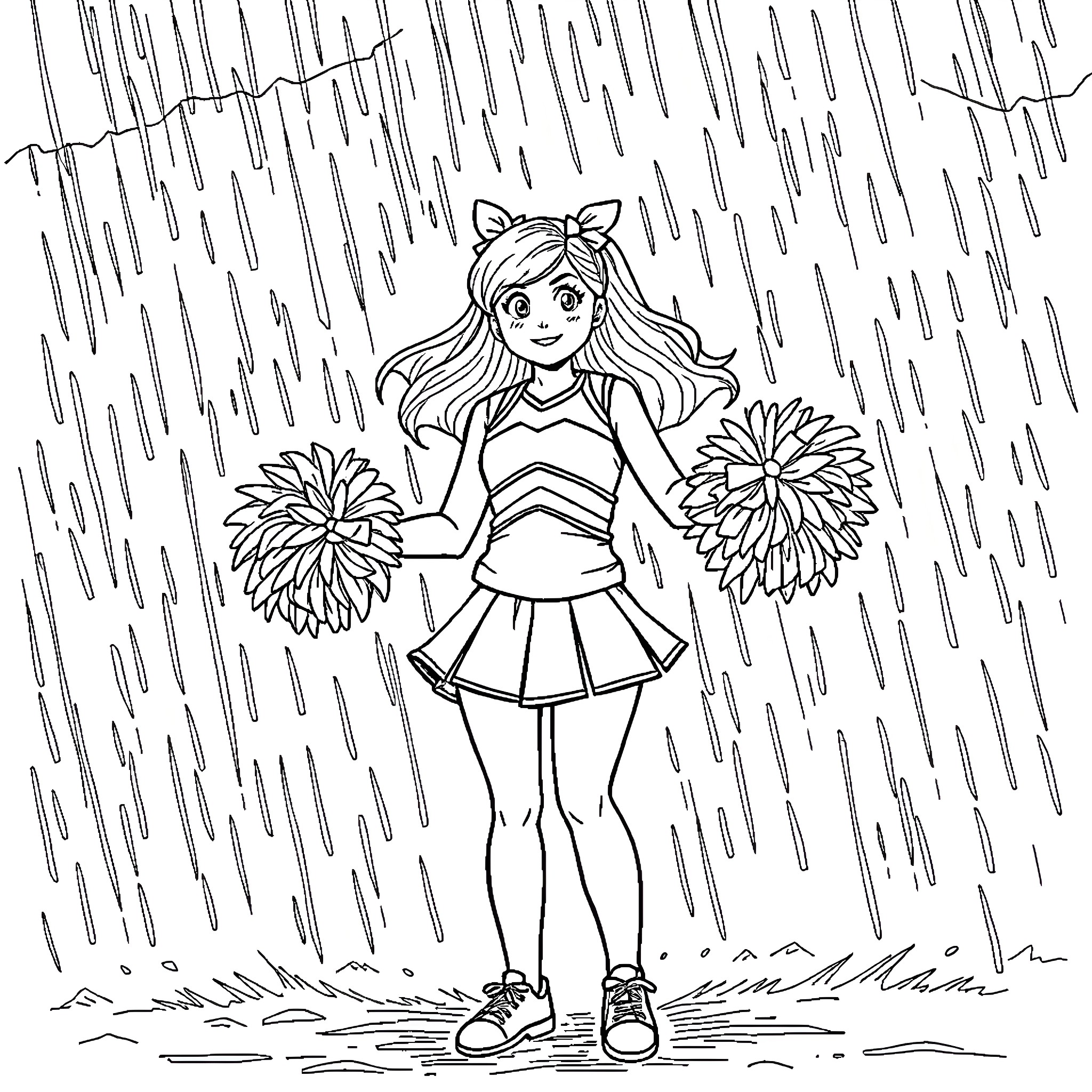 Cheerleader in the Rain with Pom Poms Coloring Page (free black-and-white line drawing printable PDF for all, from beginners to advanced learners, including children, teens, adults, and seniors)