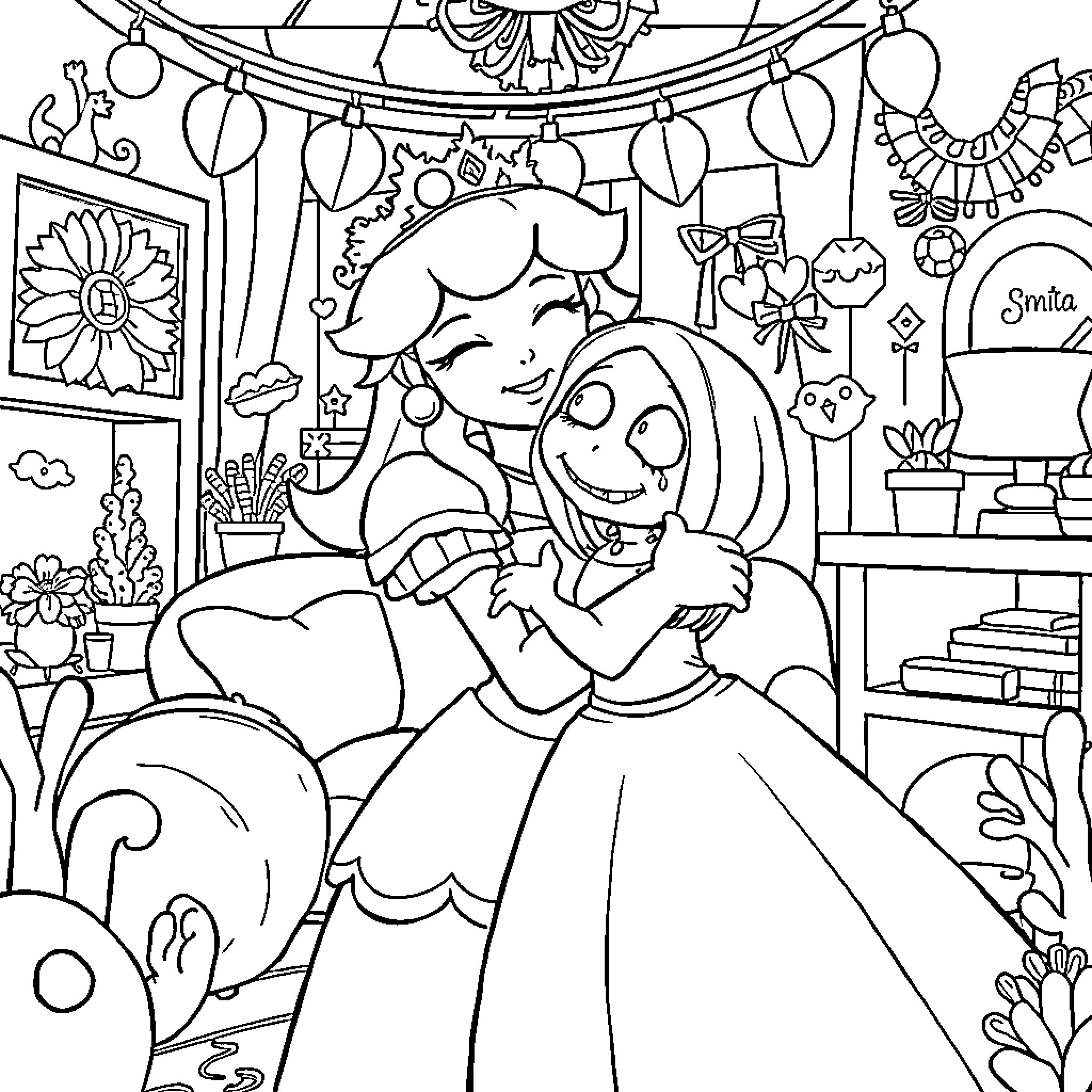 Princess Enjoying a Festive Celebration Coloring Page (free black-and-white line drawing printable PDF for all, from beginners to advanced learners, including children, teens, adults, and seniors)