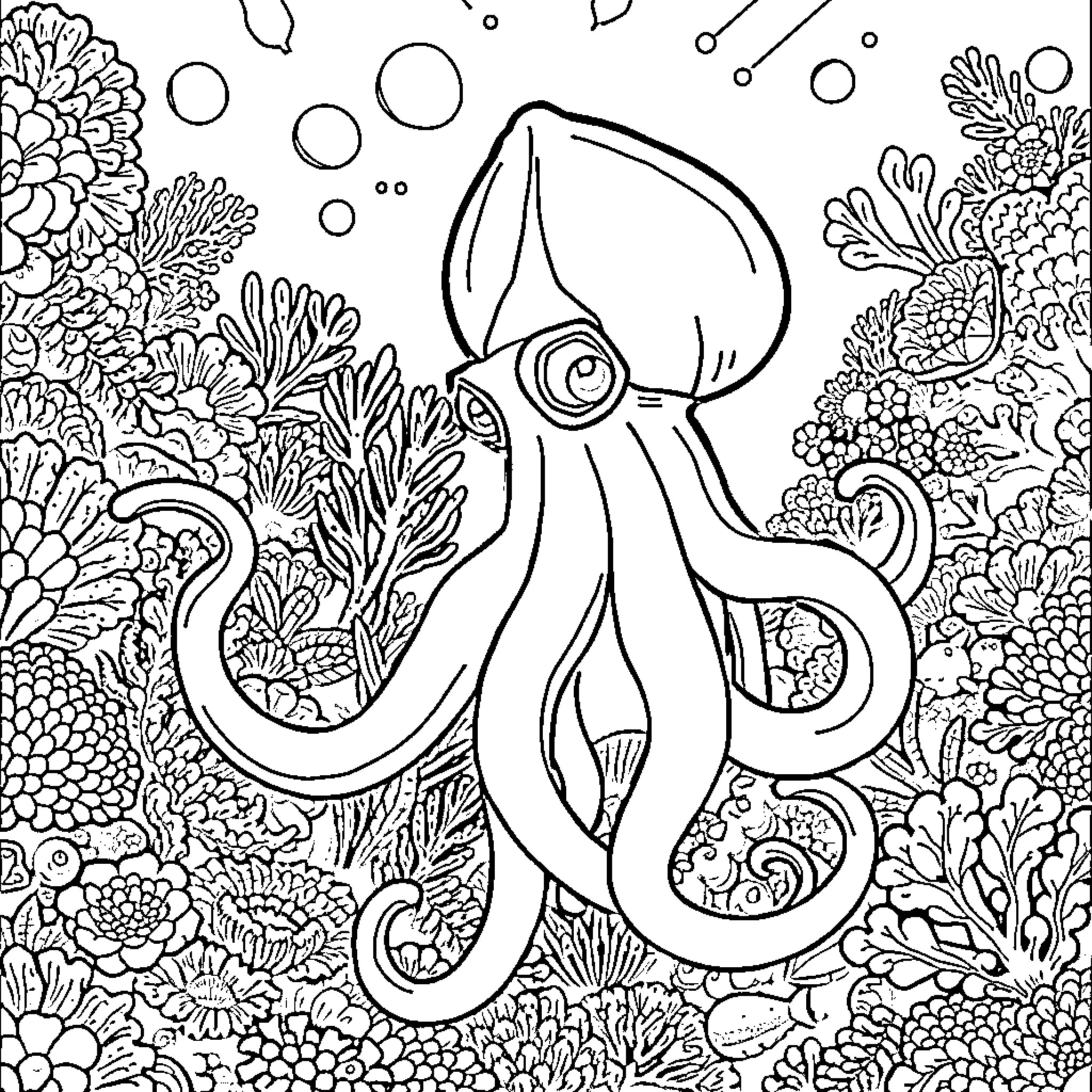 Squid swimming through vibrant underwater coral reef Coloring Page (free black-and-white line drawing printable PDF for all, from beginners to advanced learners, including children, teens, adults, and seniors)