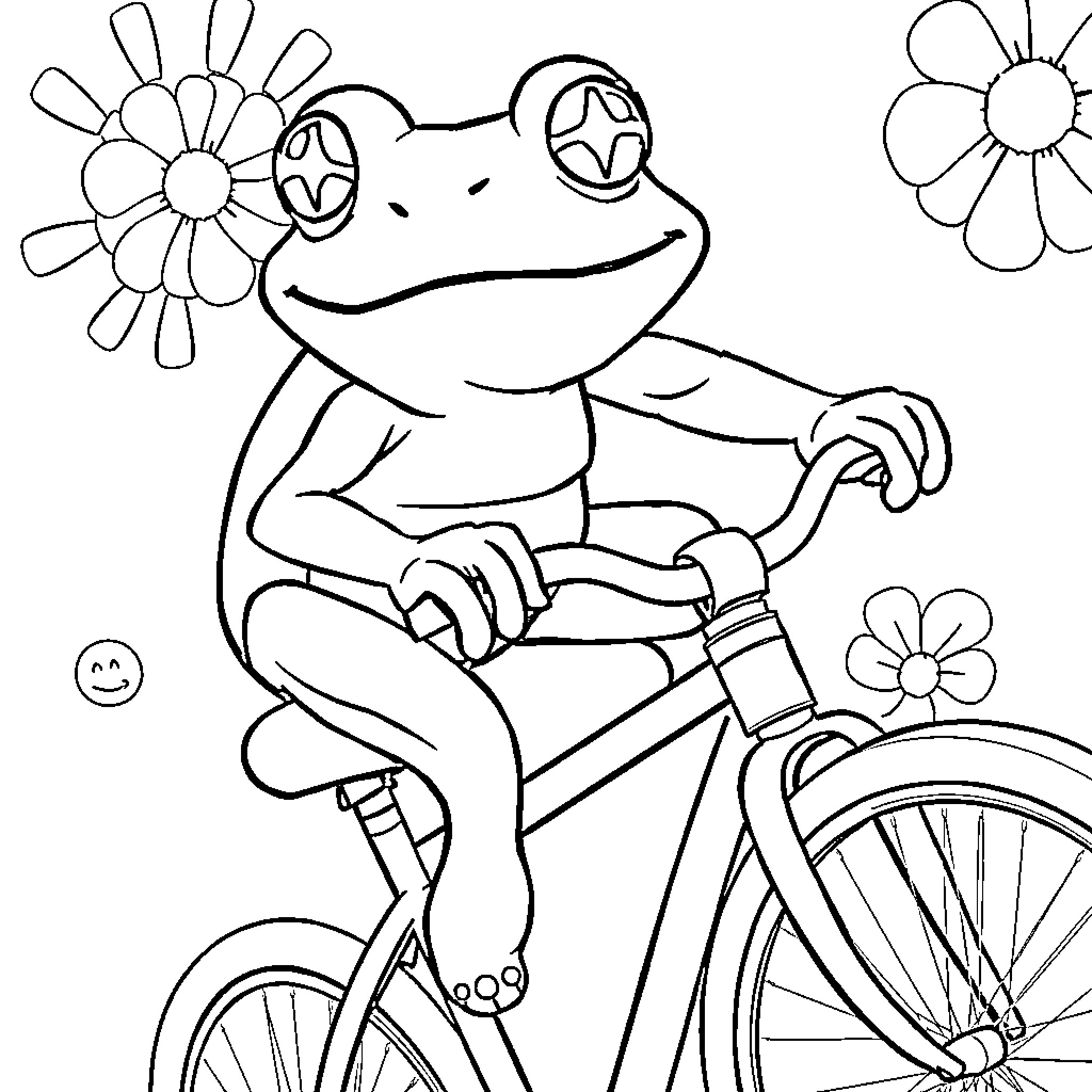 Frog riding a bicycle with flowers Coloring Page (free black-and-white line drawing printable PDF for all, from beginners to advanced learners, including children, teens, adults, and seniors)