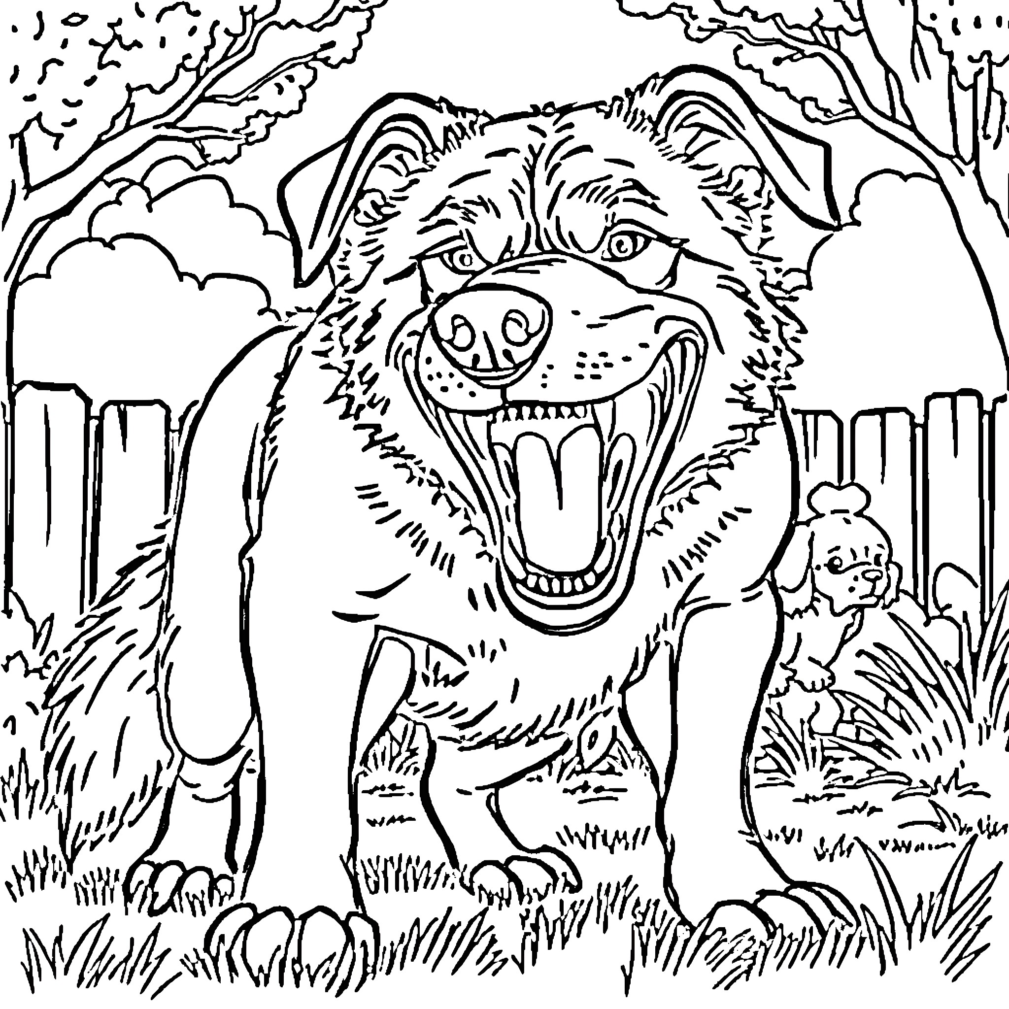 Dog Happily Roaming in Wilderness Coloring Page (free black-and-white line drawing printable PDF for all, from beginners to advanced learners, including children, teens, adults, and seniors)