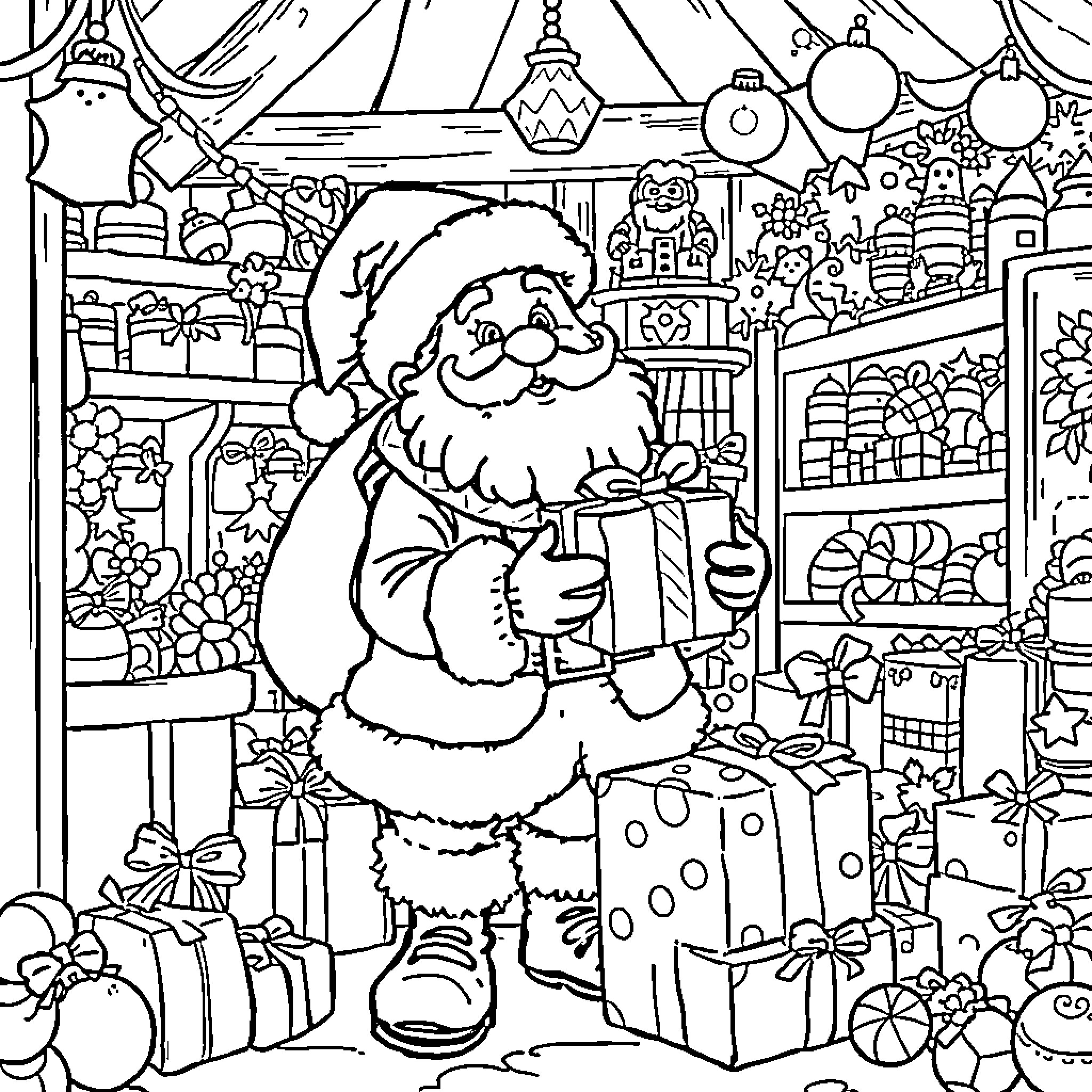 Lutin exploring a festive winter wonderland Coloring Page (free black-and-white line drawing printable PDF for all, from beginners to advanced learners, including children, teens, adults, and seniors)