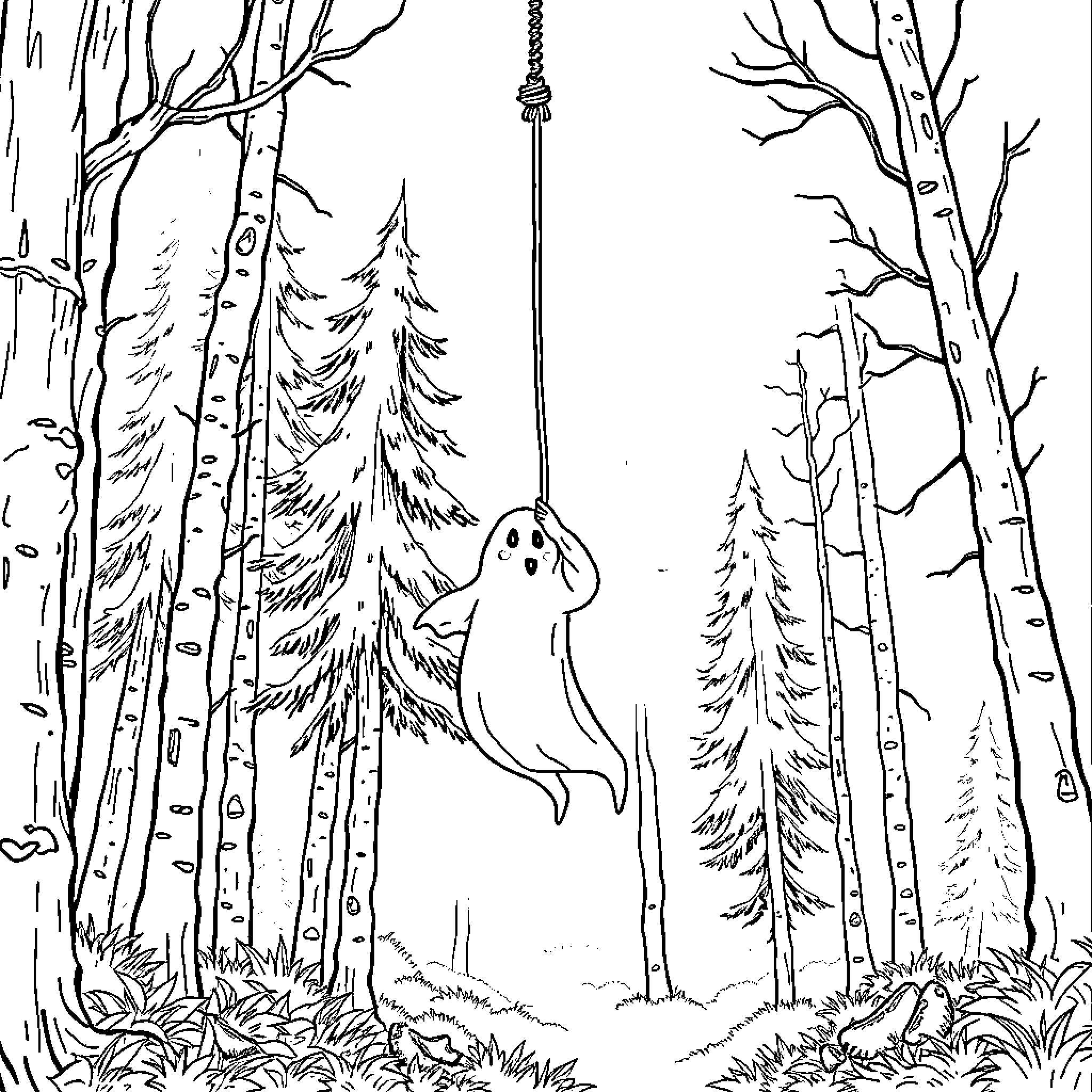 Ghost Haunting the Enchanted Forest Coloring Page (free black-and-white line drawing printable PDF for all, from beginners to advanced learners, including children, teens, adults, and seniors)