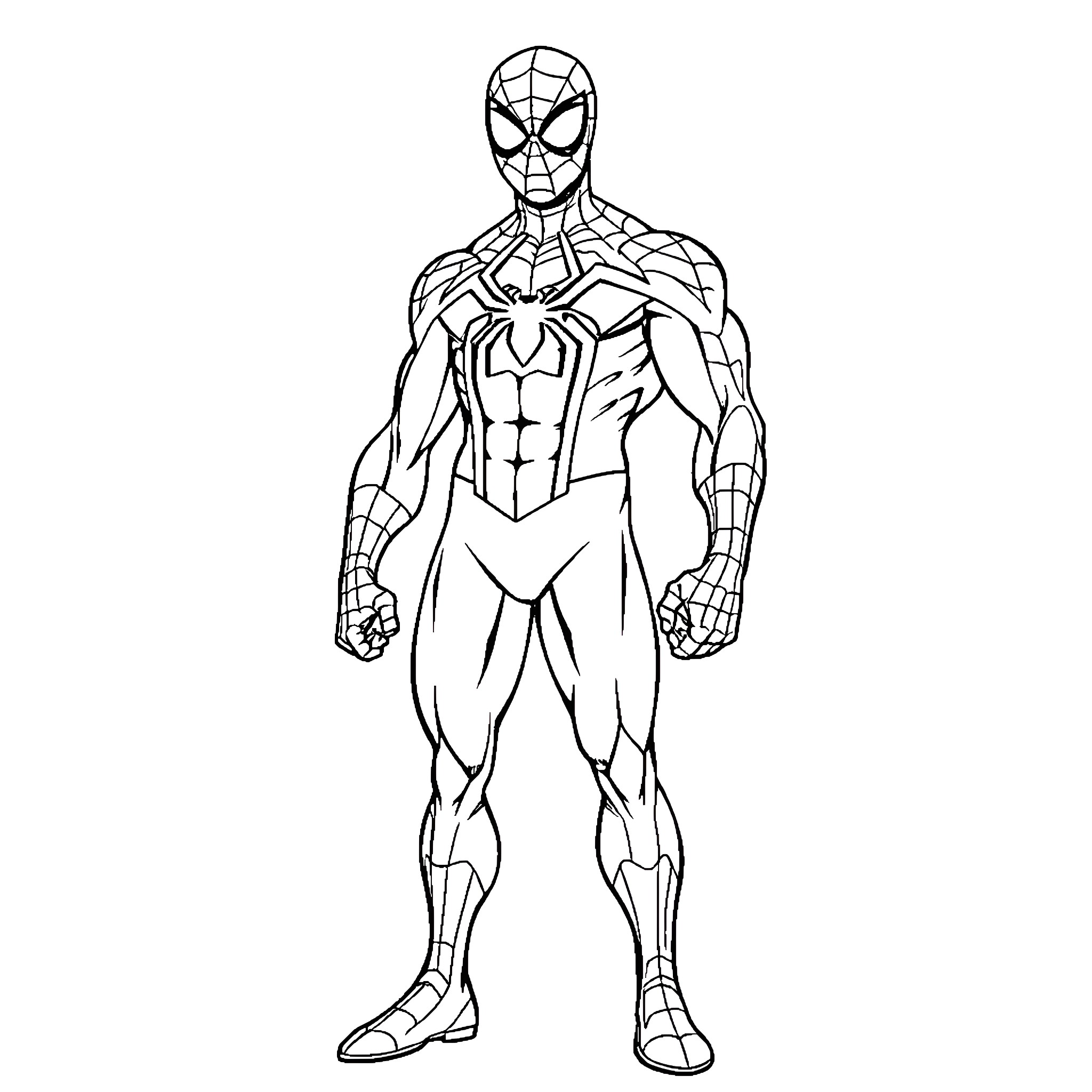Spiderman standing in heroic pose Coloring Page (free black-and-white line drawing printable PDF for all, from beginners to advanced learners, including children, teens, adults, and seniors)