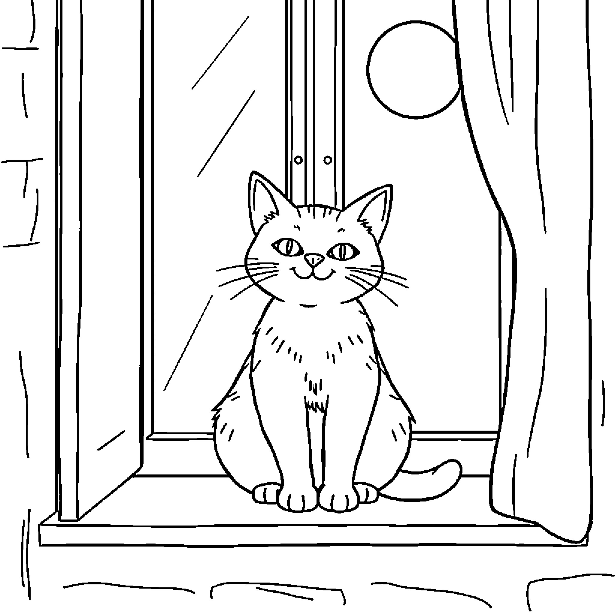 Cat sitting at window Coloring Page (free black-and-white line drawing printable PDF for all, from beginners to advanced learners, including children, teens, adults, and seniors)