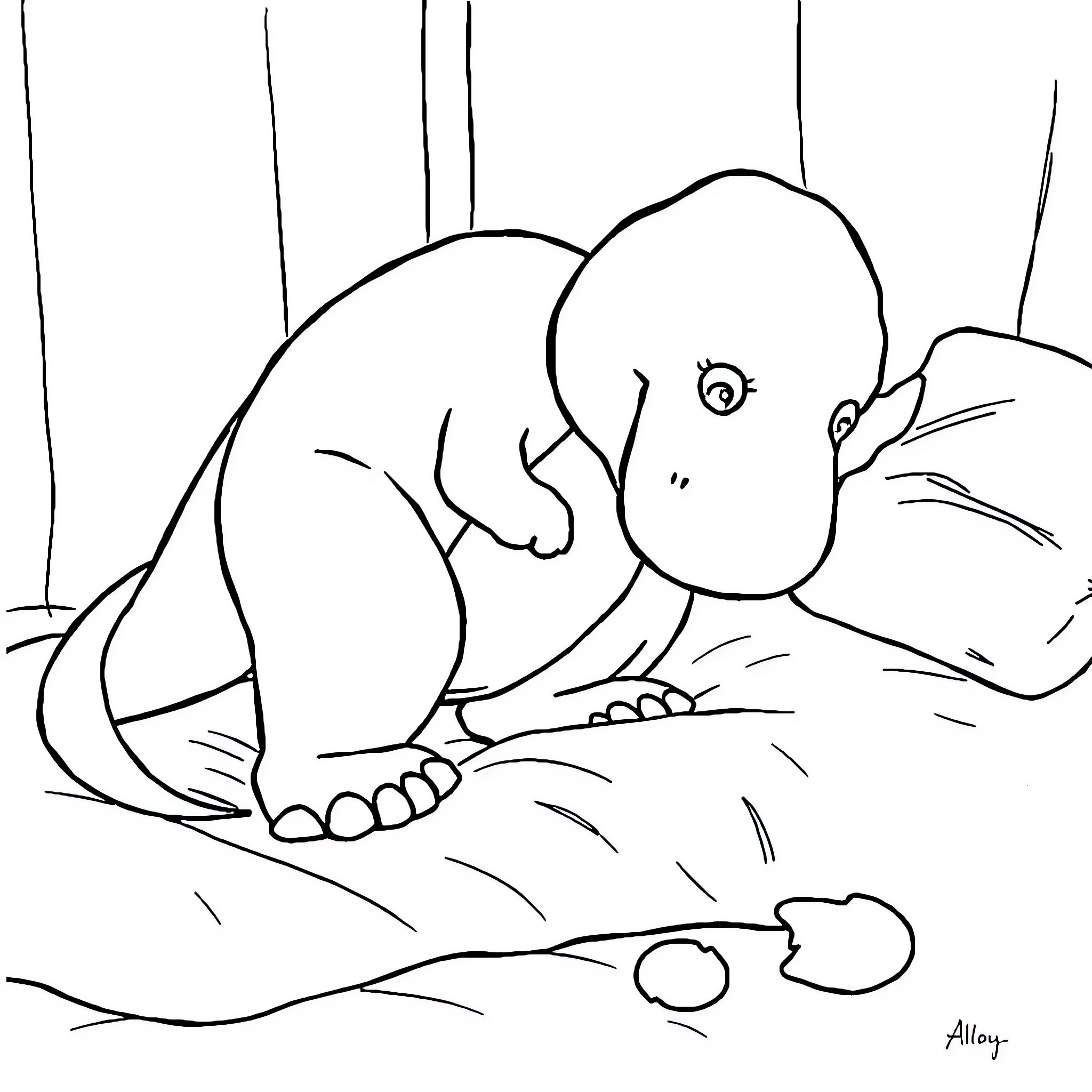 Barney the Elephant Resting in Nature Coloring Page (free black-and-white line drawing printable PDF for all, from beginners to advanced learners, including children, teens, adults, and seniors)