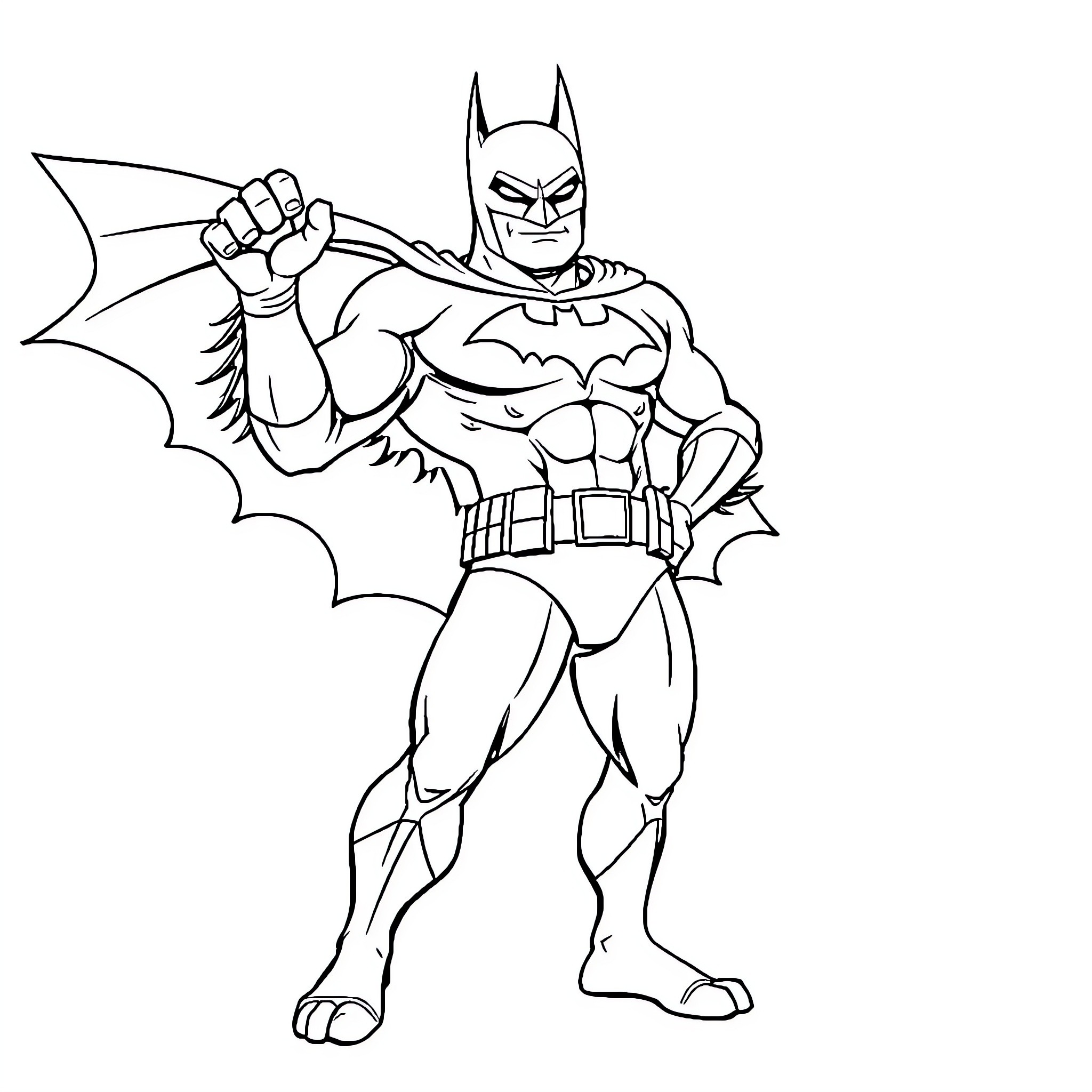 Batman in heroic stance with cape and utility belt Coloring Page (free black-and-white line drawing printable PDF for all, from beginners to advanced learners, including children, teens, adults, and seniors)