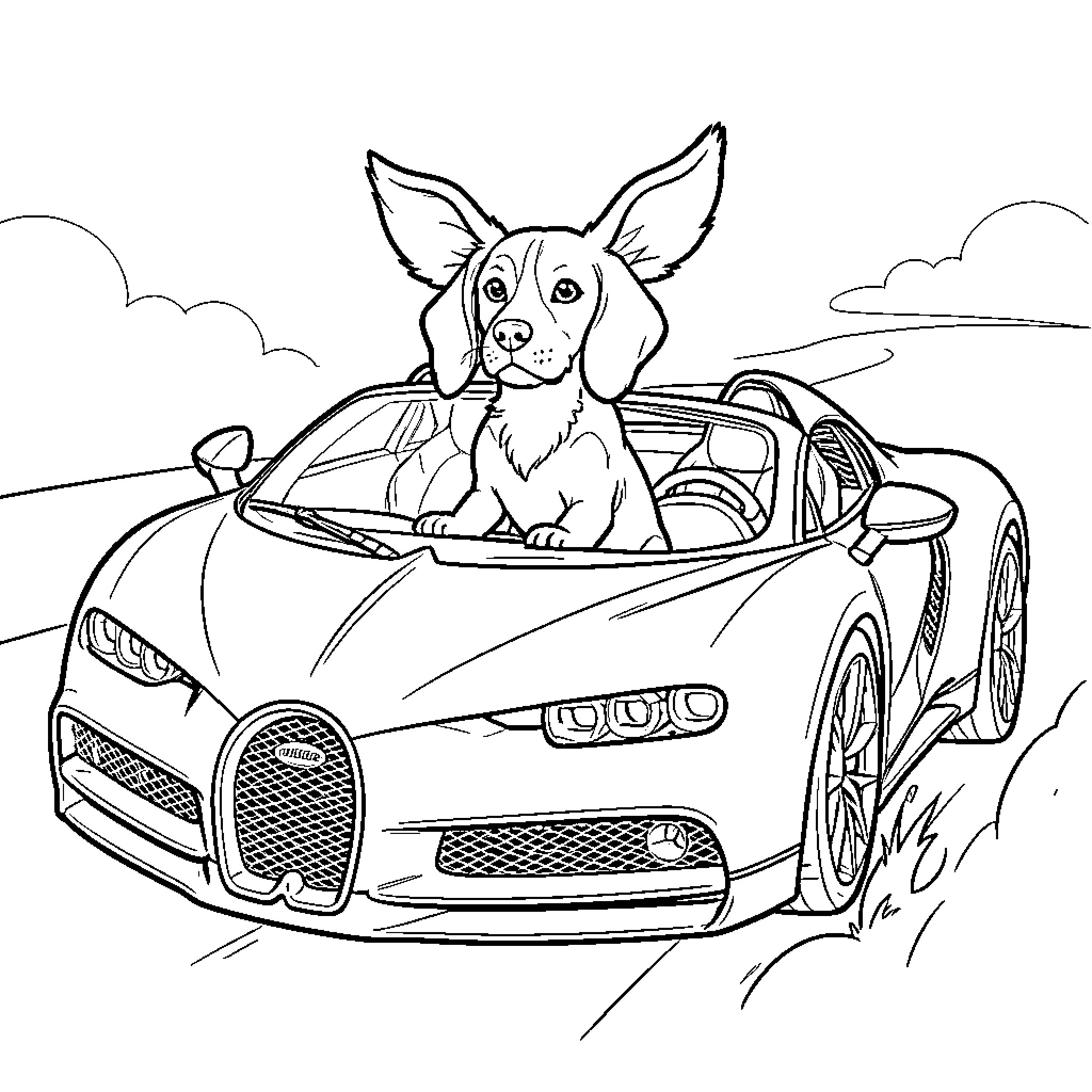 Beagle driving a luxury convertible car Coloring Page (free black-and-white line drawing printable PDF for all, from beginners to advanced learners, including children, teens, adults, and seniors)