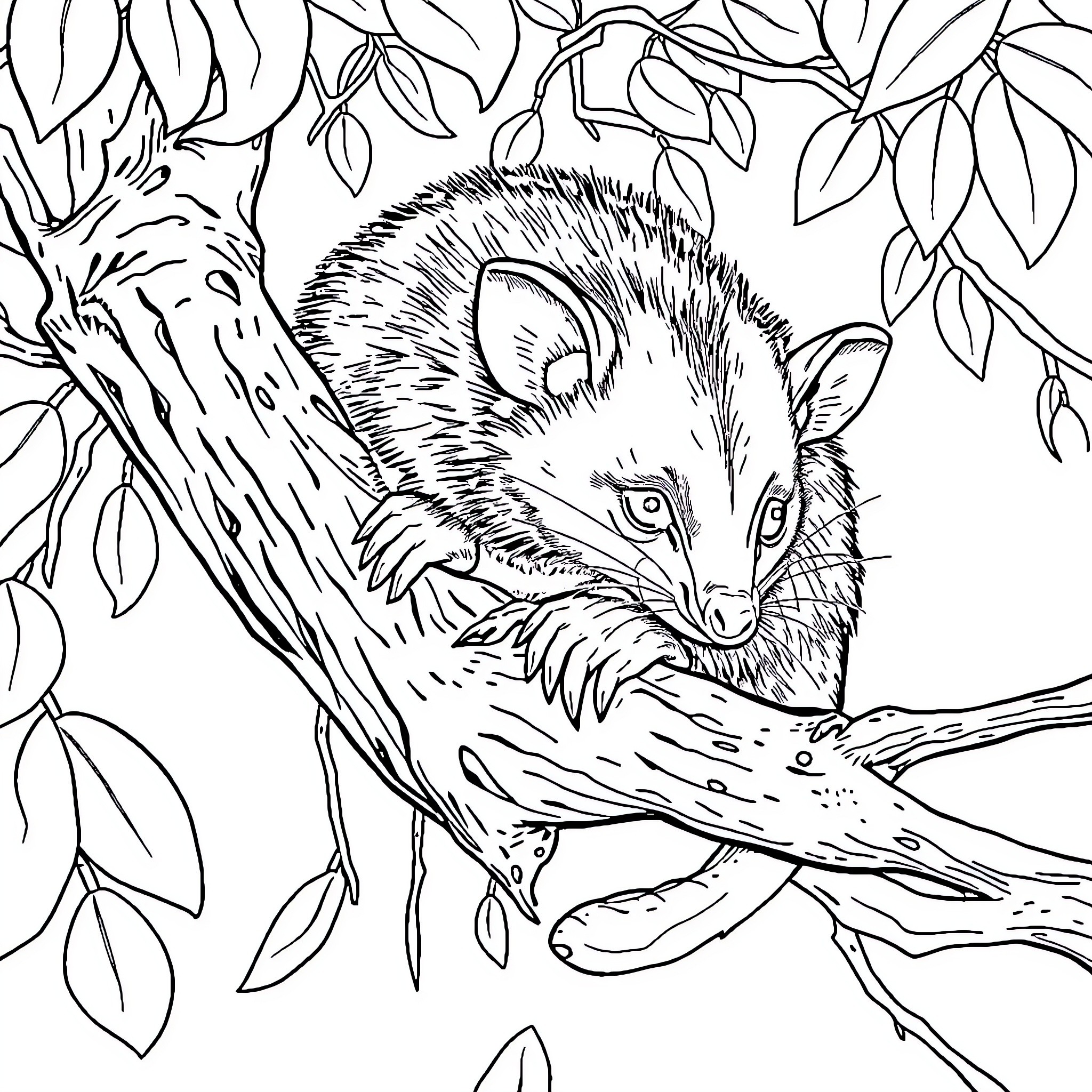 Possum resting peacefully in the foliage Coloring Page (free black-and-white line drawing printable PDF for all, from beginners to advanced learners, including children, teens, adults, and seniors)