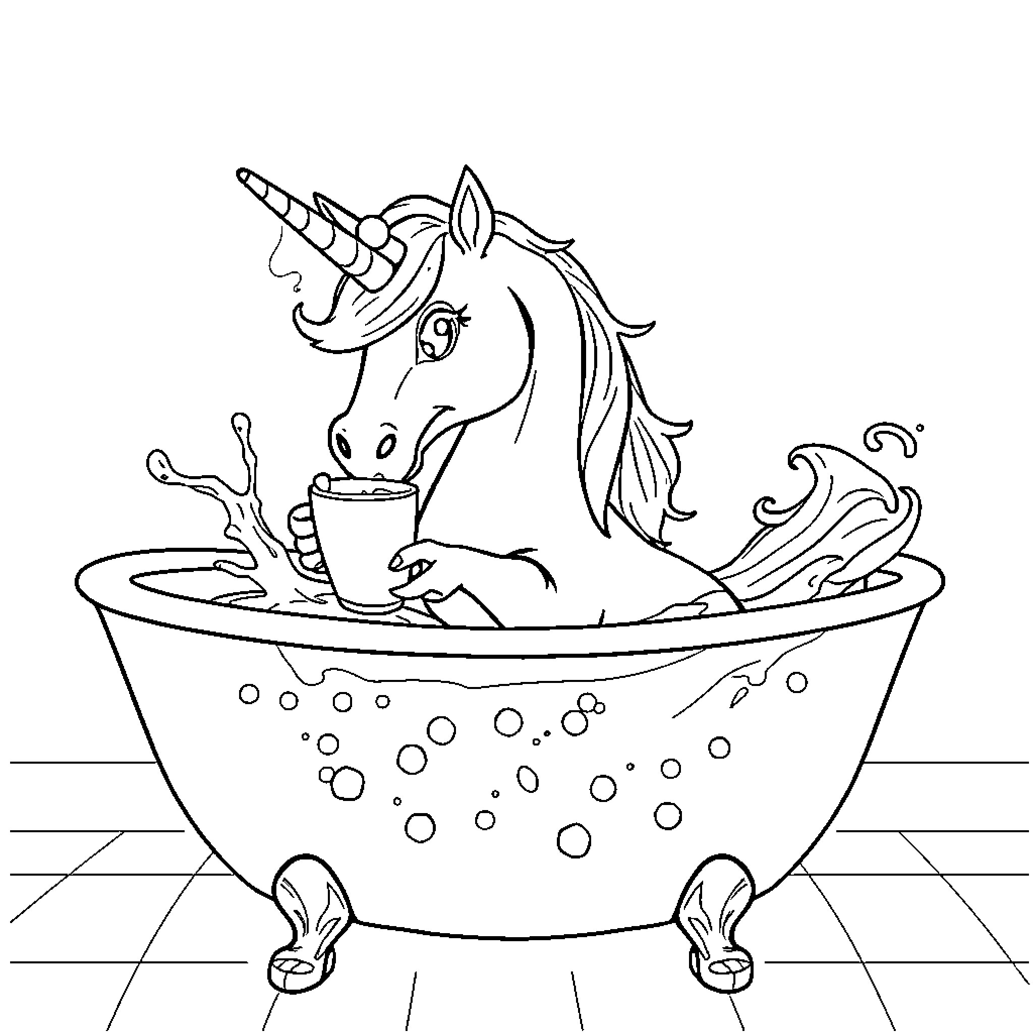 Unicorn relaxing in a magical bubble bath Coloring Page (free black-and-white line drawing printable PDF for all, from beginners to advanced learners, including children, teens, adults, and seniors)