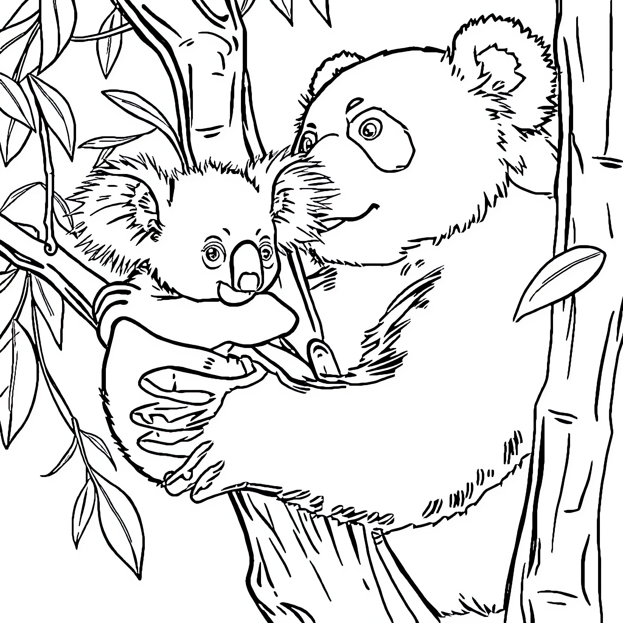 Koala family cuddling in the forest Coloring Page (free black-and-white line drawing printable PDF for all, from beginners to advanced learners, including children, teens, adults, and seniors)