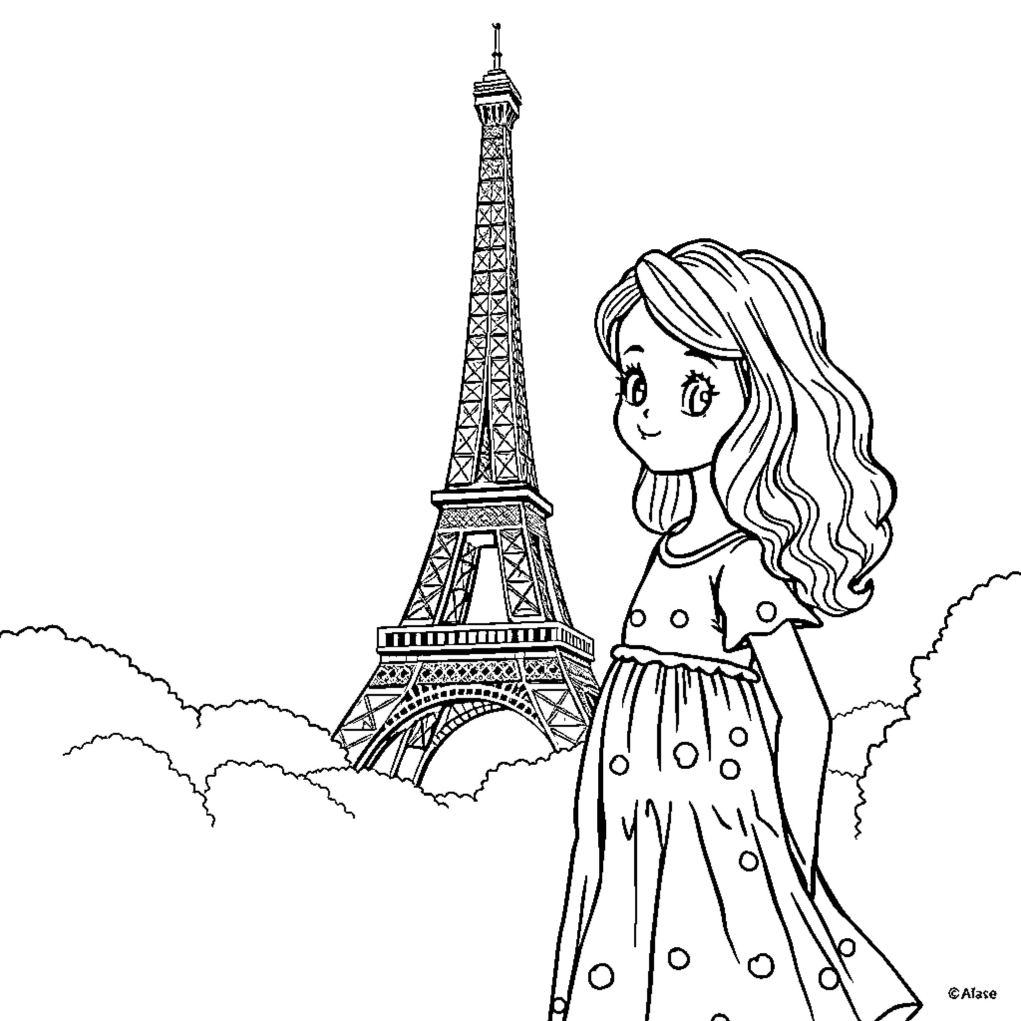 Girl exploring the sights of Paris Coloring Page (free black-and-white line drawing printable PDF for all, from beginners to advanced learners, including children, teens, adults, and seniors)