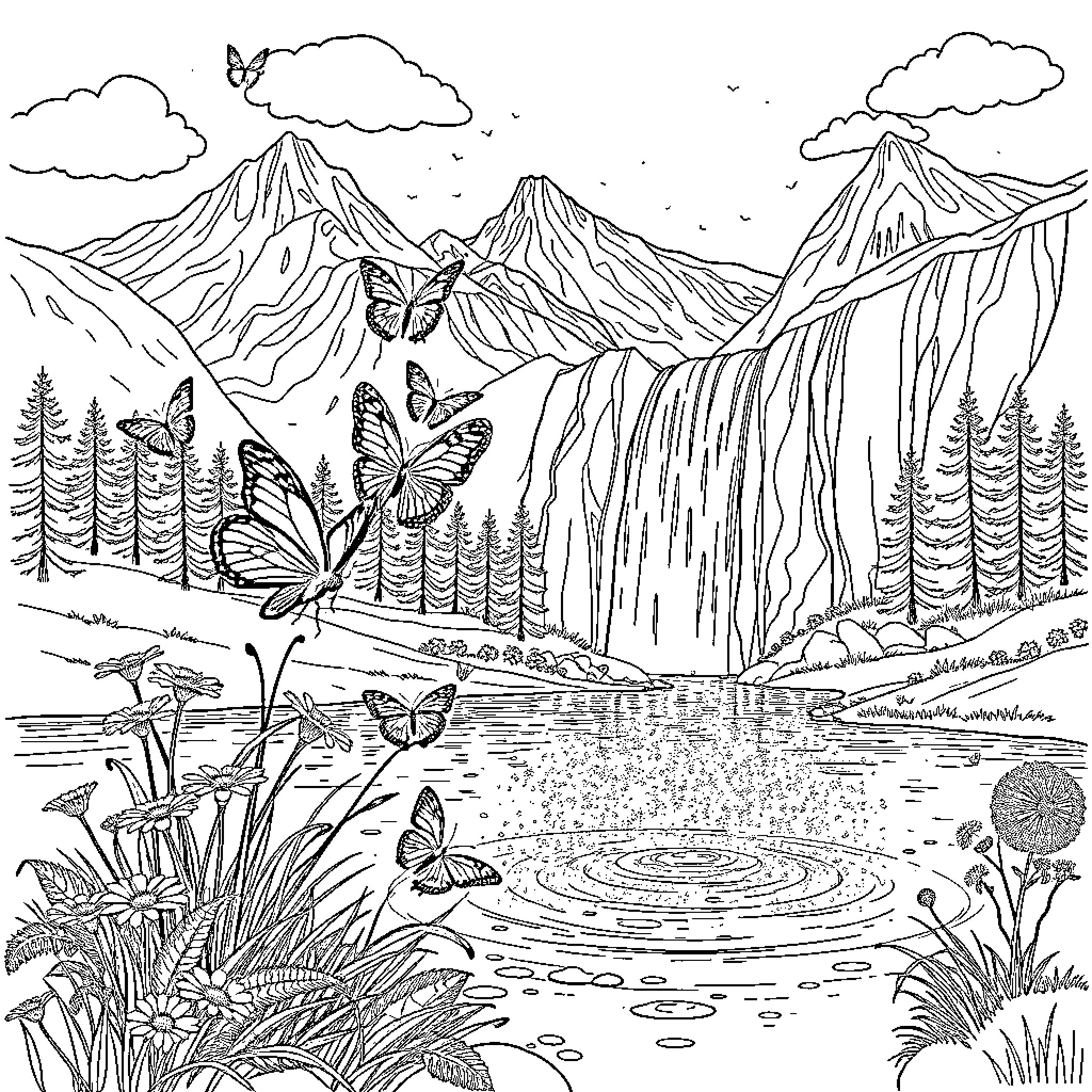Butterfly Landscape with Waterfall and Mountains Coloring Page (free black-and-white line drawing printable PDF for all, from beginners to advanced learners, including children, teens, adults, and seniors)