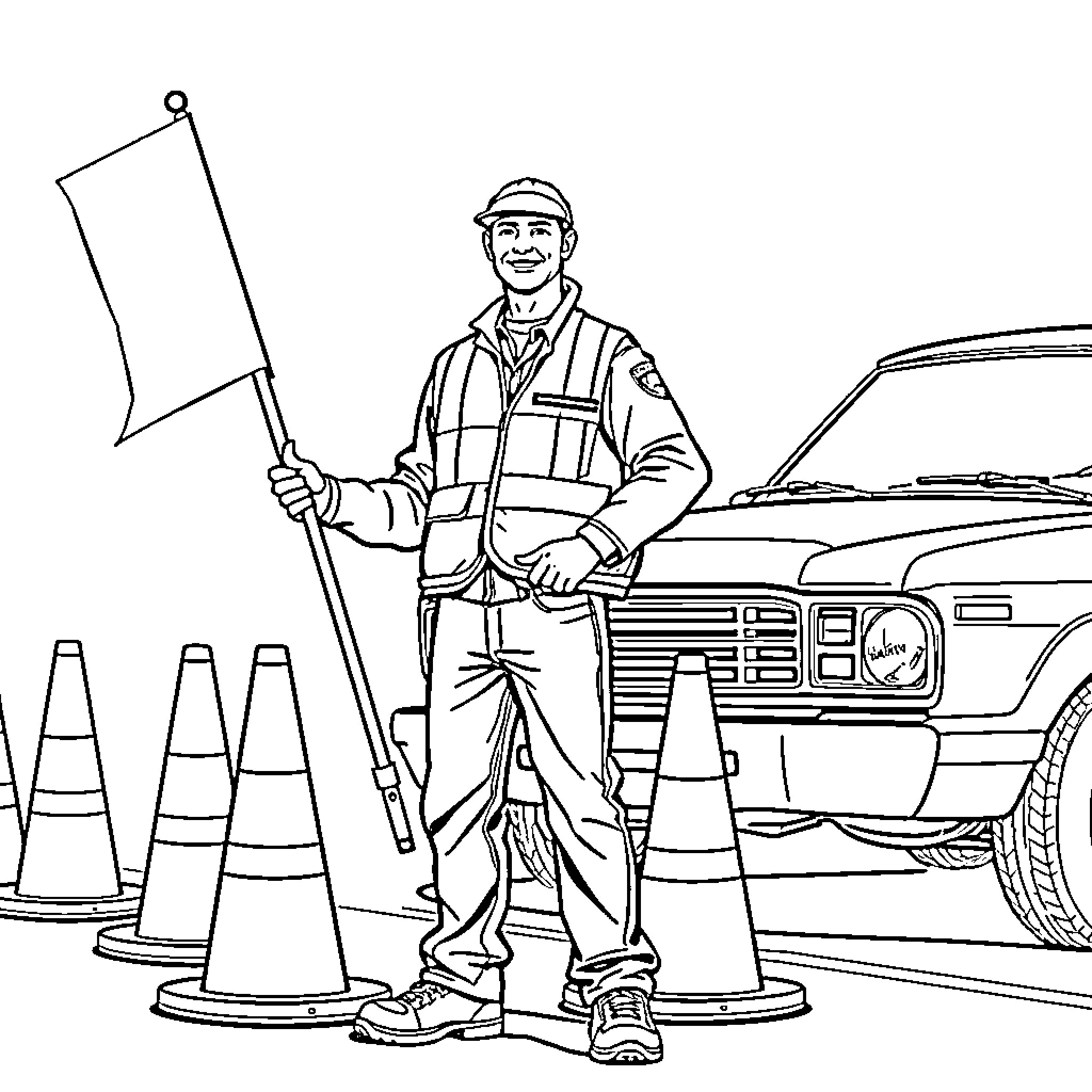 Flagger directing traffic with safety equipment Coloring Page (free black-and-white line drawing printable PDF for all, from beginners to advanced learners, including children, teens, adults, and seniors)