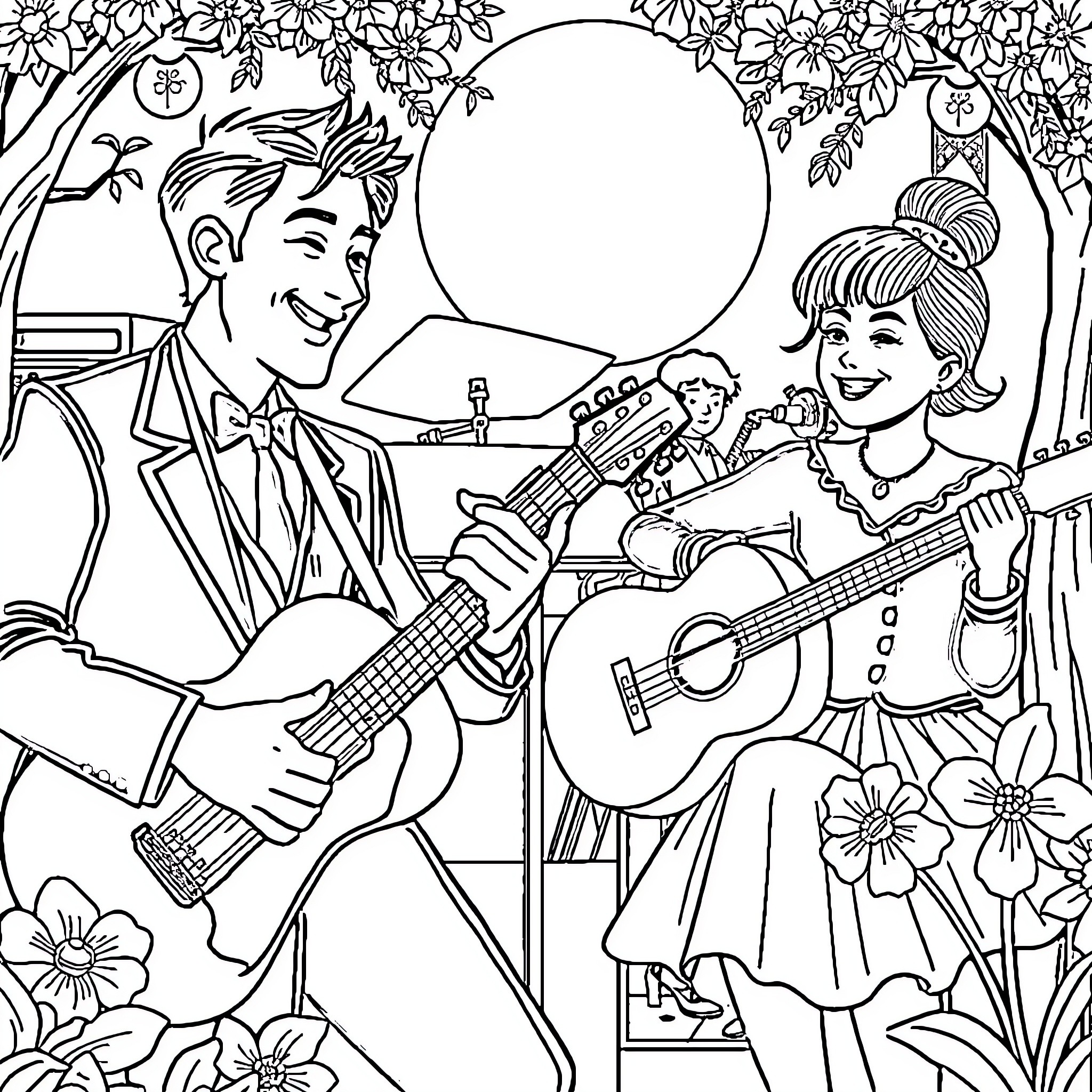 Tanjiro and Nezuko performing music in the garden Coloring Page (free black-and-white line drawing printable PDF for all, from beginners to advanced learners, including children, teens, adults, and seniors)
