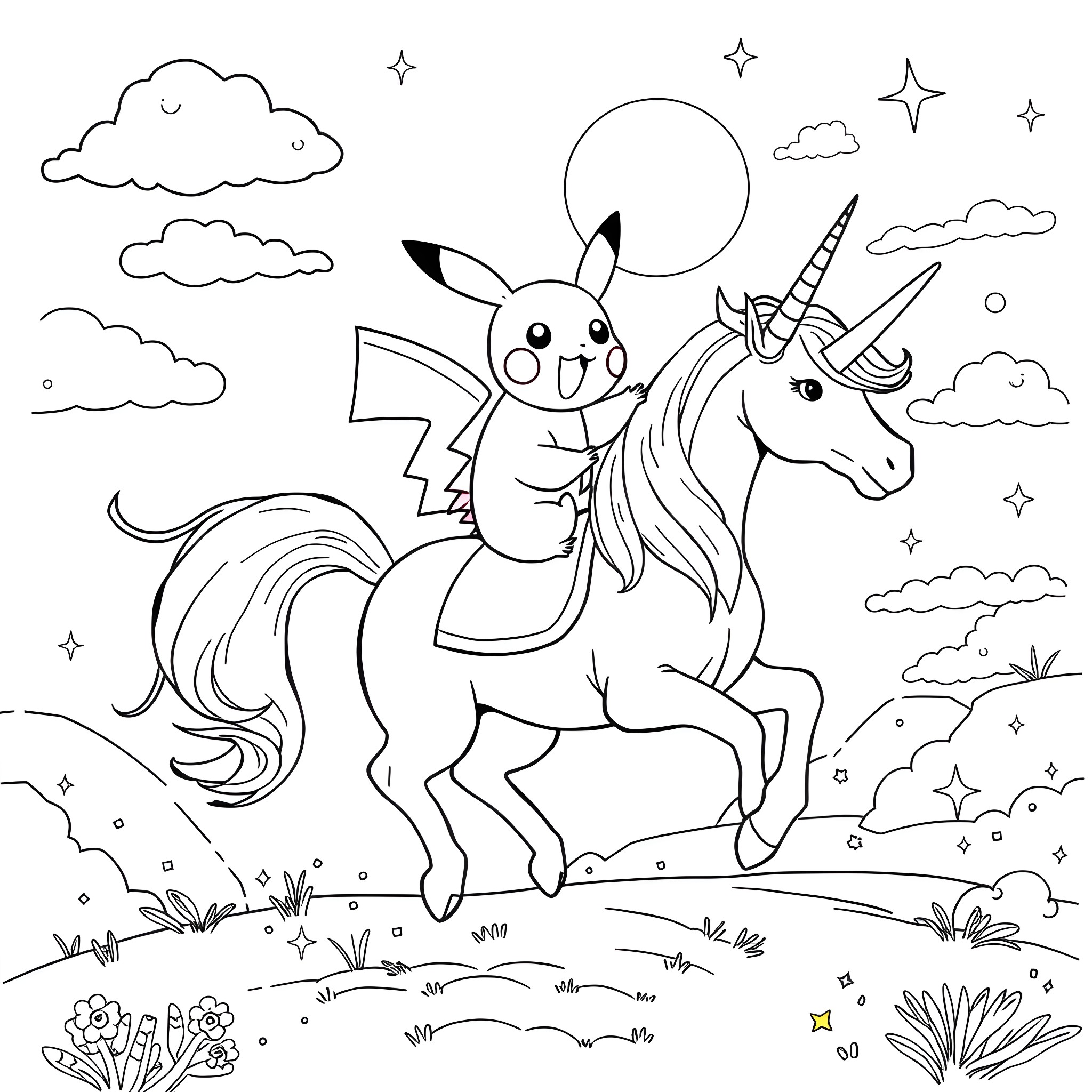 Pikachu riding a magical unicorn under the moonlight Coloring Page (free black-and-white line drawing printable PDF for all, from beginners to advanced learners, including children, teens, adults, and seniors)