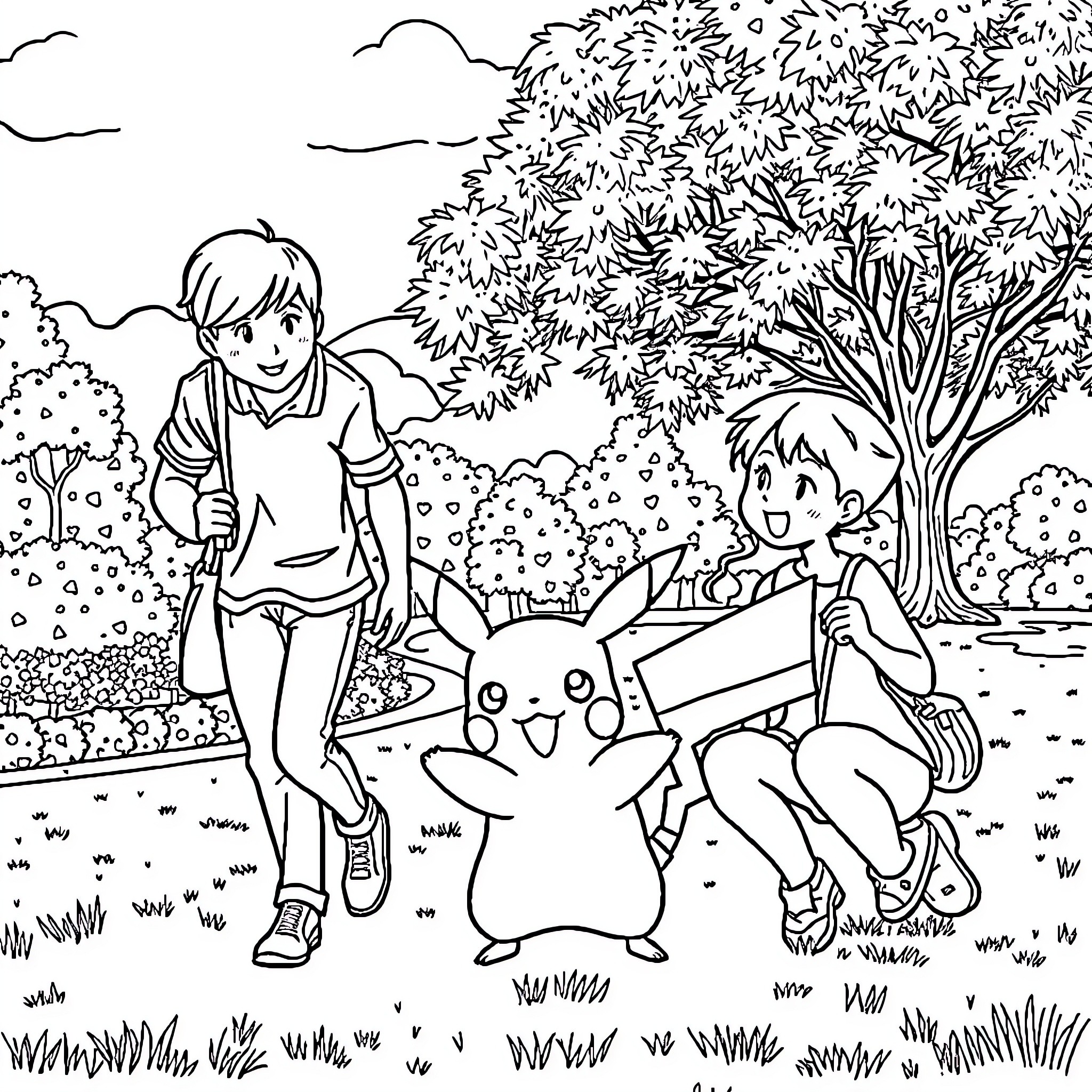 Pikachu and friends explore the outdoors Coloring Page (free black-and-white line drawing printable PDF for all, from beginners to advanced learners, including children, teens, adults, and seniors)