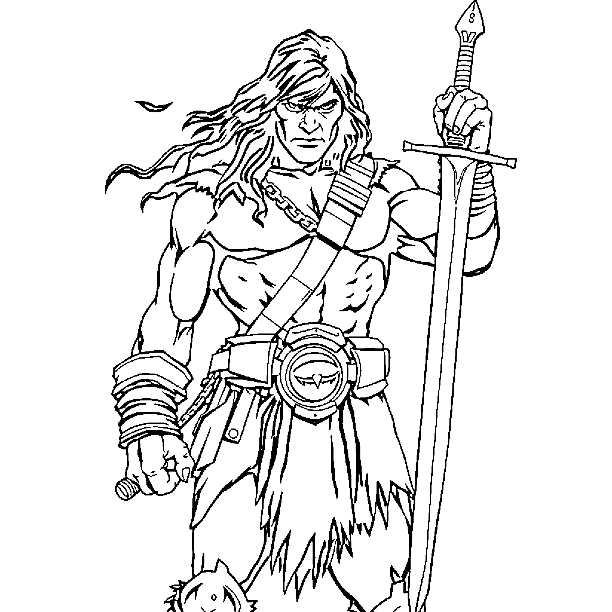 Conan the Barbarian wielding his mighty sword Coloring Page (free black-and-white line drawing printable PDF for all, from beginners to advanced learners, including children, teens, adults, and seniors)